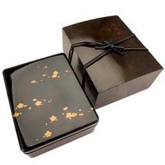 Used Japanese Black Lacquer Document Box with Plum Blossom Design, Taisho Period