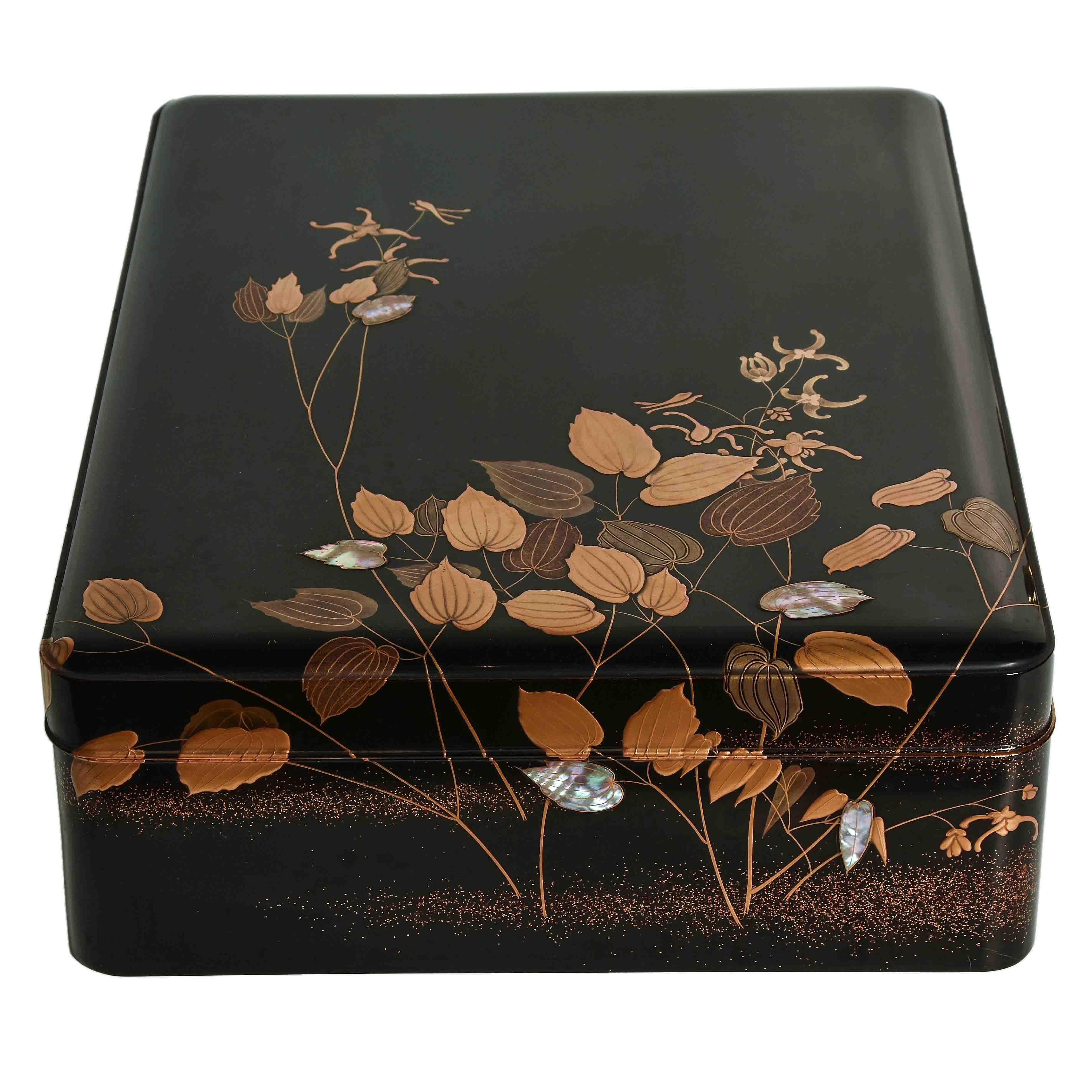 A Japanese black lacquer document box with Rimpa design in gold and silver maki e with inlaid mother of pearl leaves. The Japanese Rimpa school was a part of the Edo period cultural revival and it's style is characterised by colourful or highly