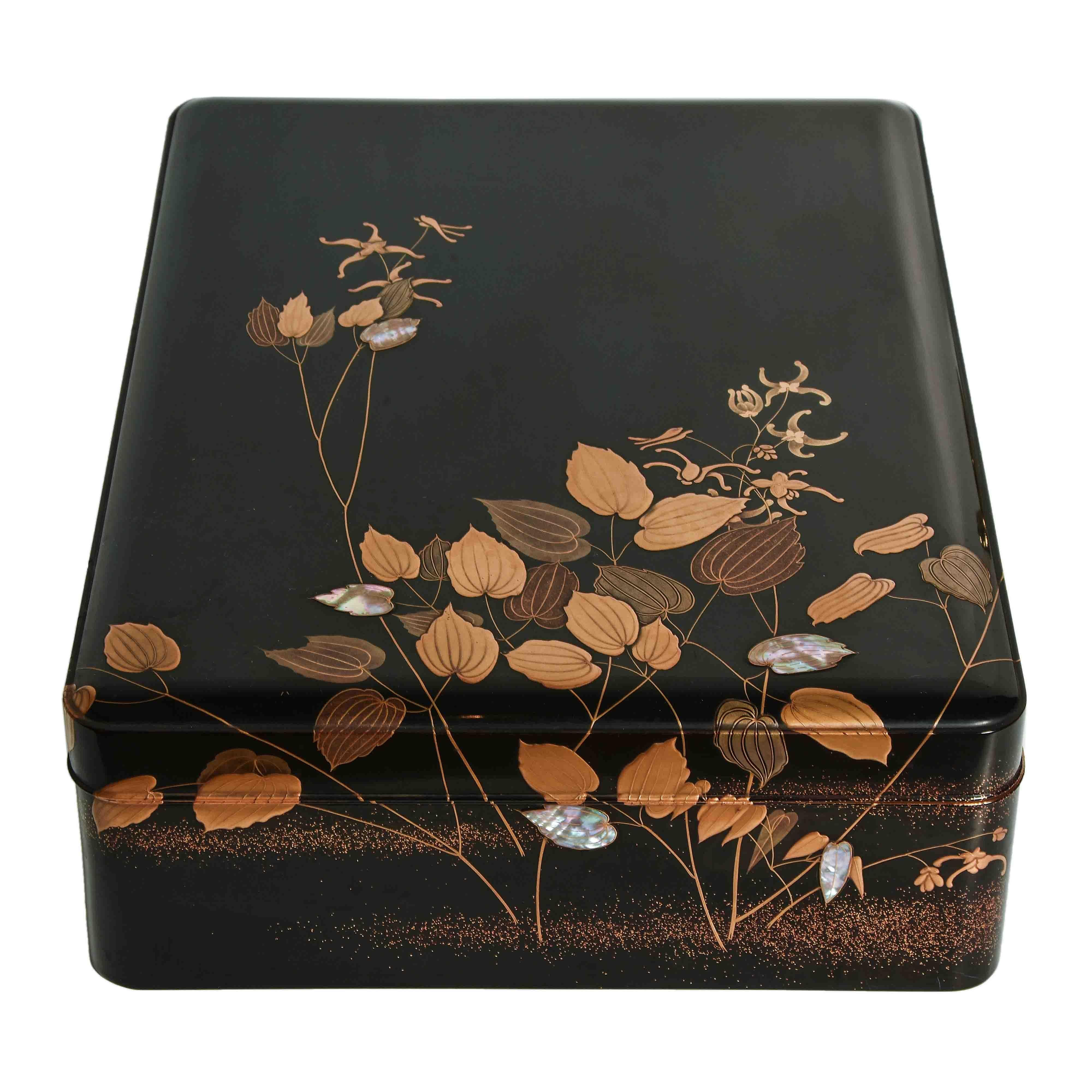 Gold Japanese Black Lacquer Document Box with Rimpa Design and Mother of Pearl Inlay