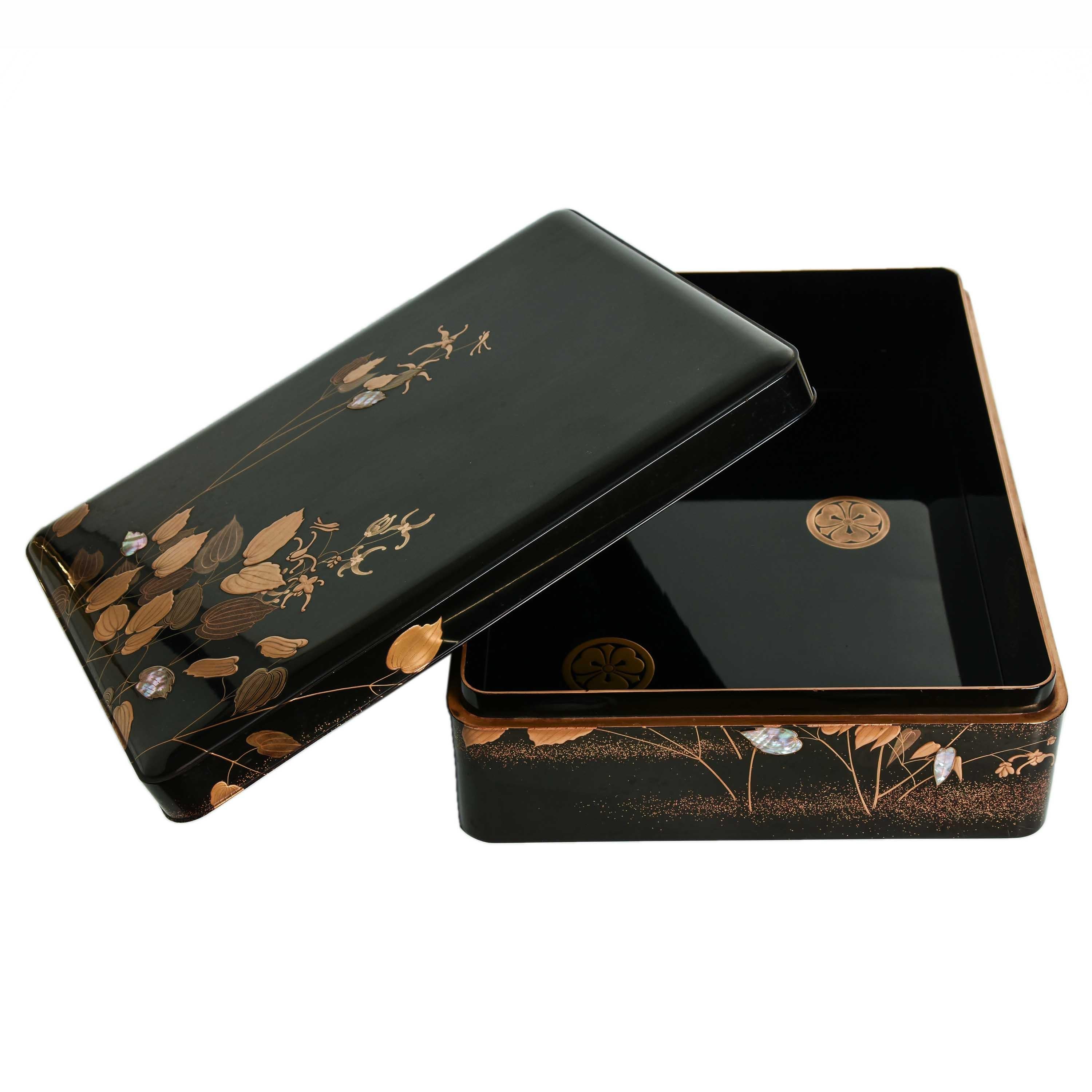 Japanese Black Lacquer Document Box with Rimpa Design and Mother of Pearl Inlay 1