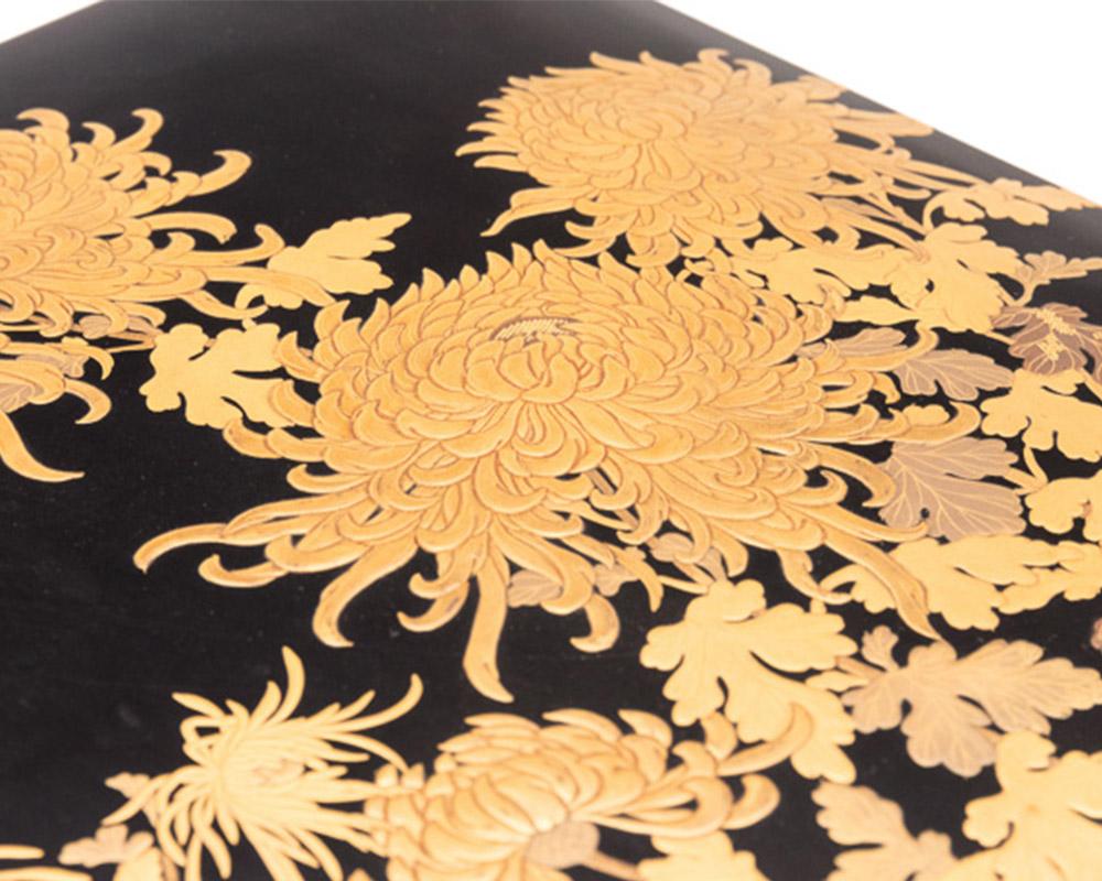 This Japanese black lacquer document box, known as a ryoshi- bako in Japanese is in fantastic condition for its age. It is made from wood, covered in black lacquer and decorated with gold maki-e. It dates from the Meiji period and features