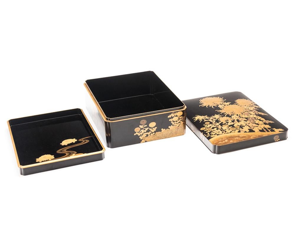 Gilt Japanese Black Lacquer Large Document Box with Gold Maki-E Design, Meiji Period