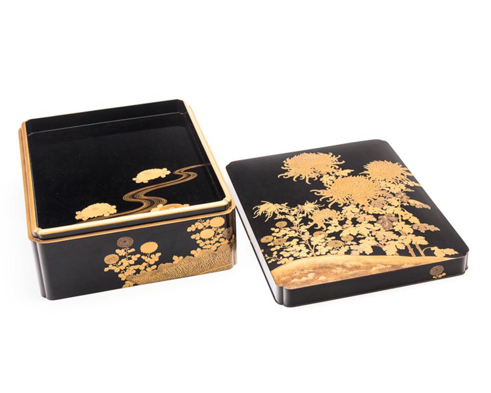 Wood Japanese Black Lacquer Large Document Box with Gold Maki-E Design, Meiji Period