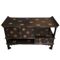 Japanese Black Lacquer Tana (Tiered Tea Cabinet) with Gold Family Crests