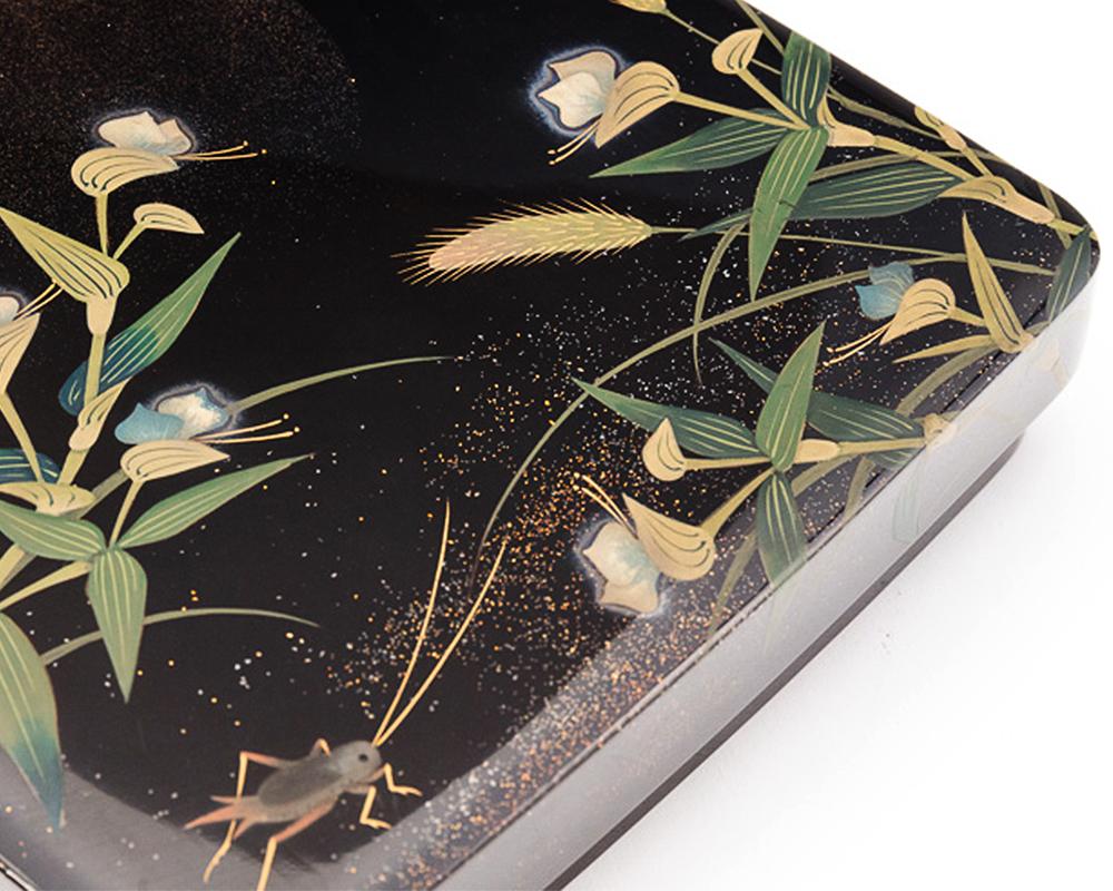 Lacquered Japanese Black Lacquer Tsuzuri-Bako Writing Box with Cricket and Grasses Design