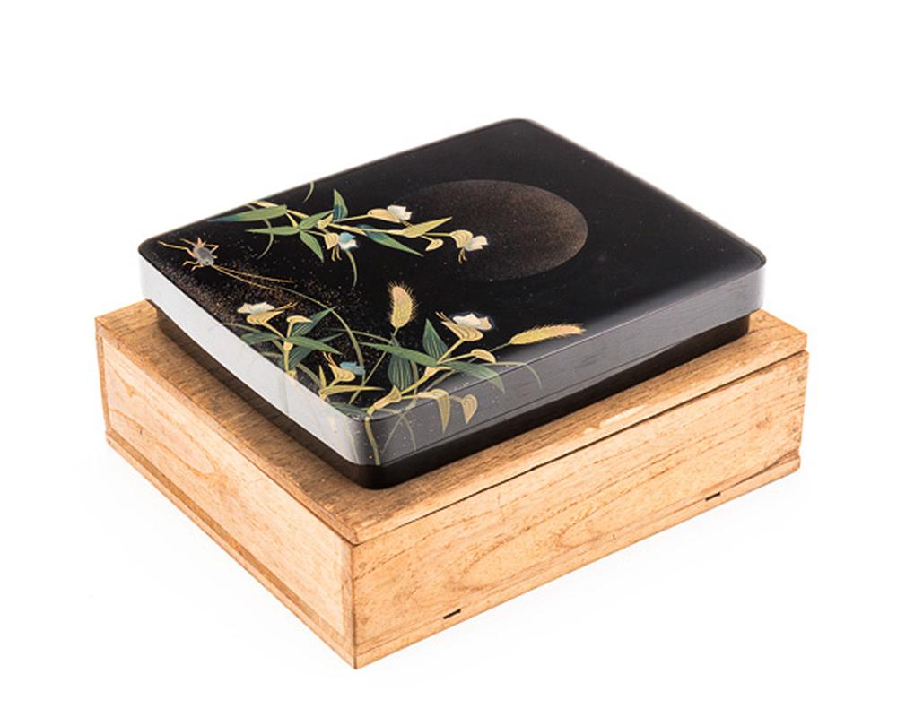 Japanese Black Lacquer Tsuzuri-Bako Writing Box with Cricket and Grasses Design 2