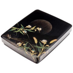 Vintage Japanese Black Lacquer Tsuzuri-Bako Writing Box with Cricket and Grasses Design