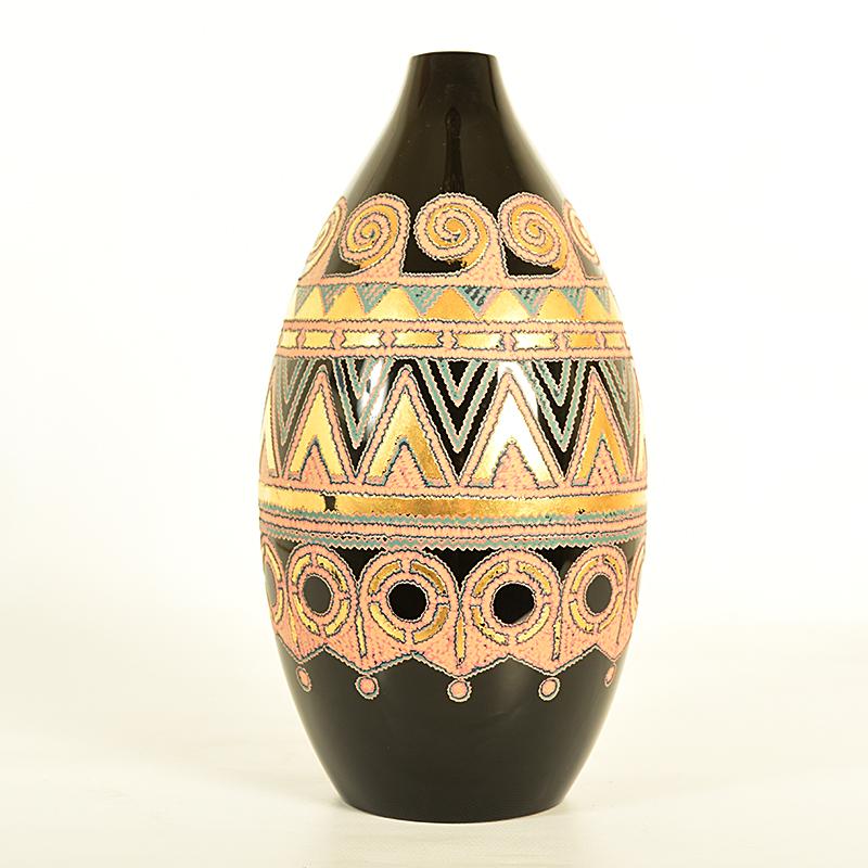 Japanese Black Lacquer Vase with Carved and Gilded Geometric Design