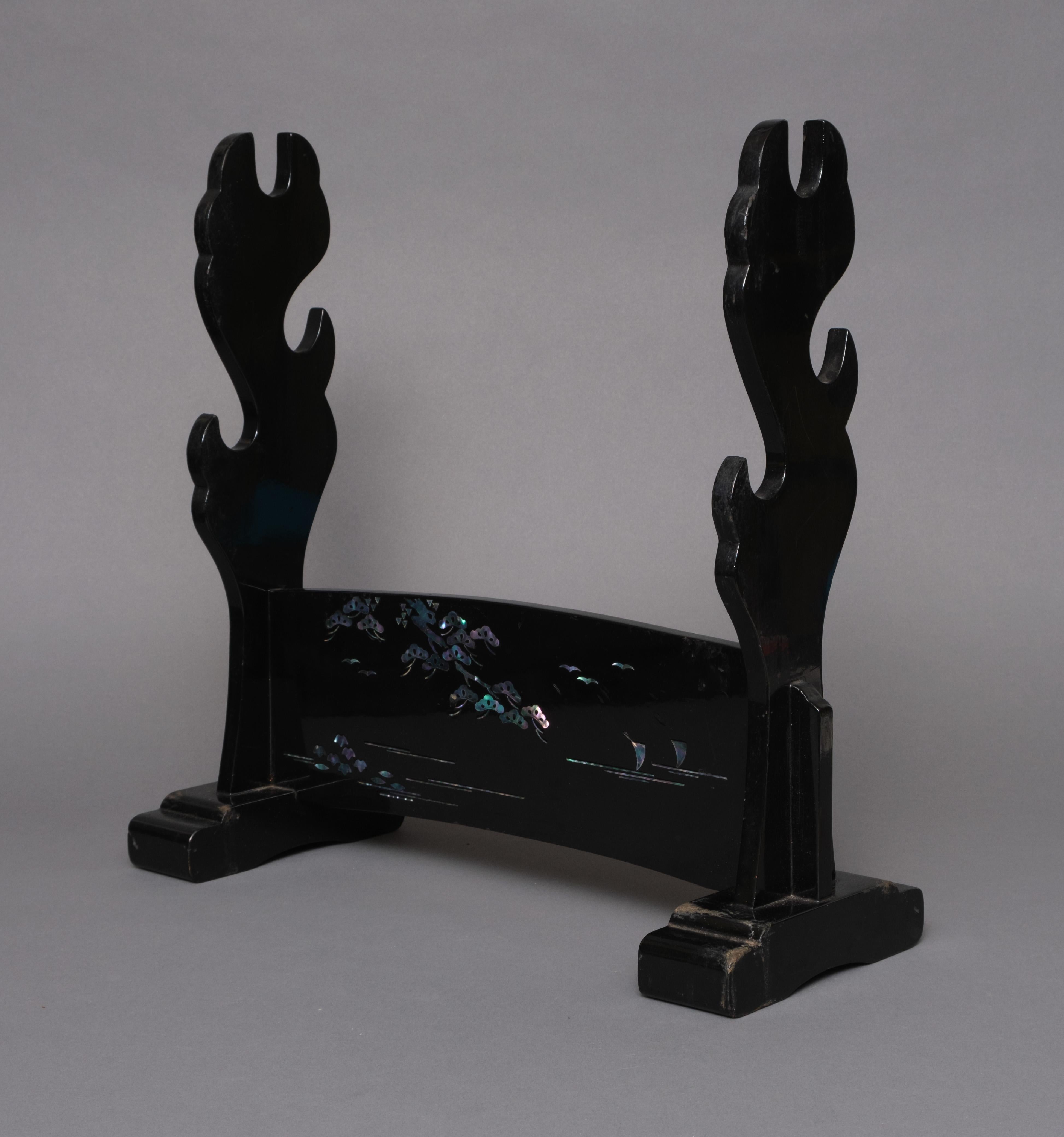 Hand-Crafted Japanese black lacquered sword stand 刀掛け (katana’kake) with raden inlay For Sale