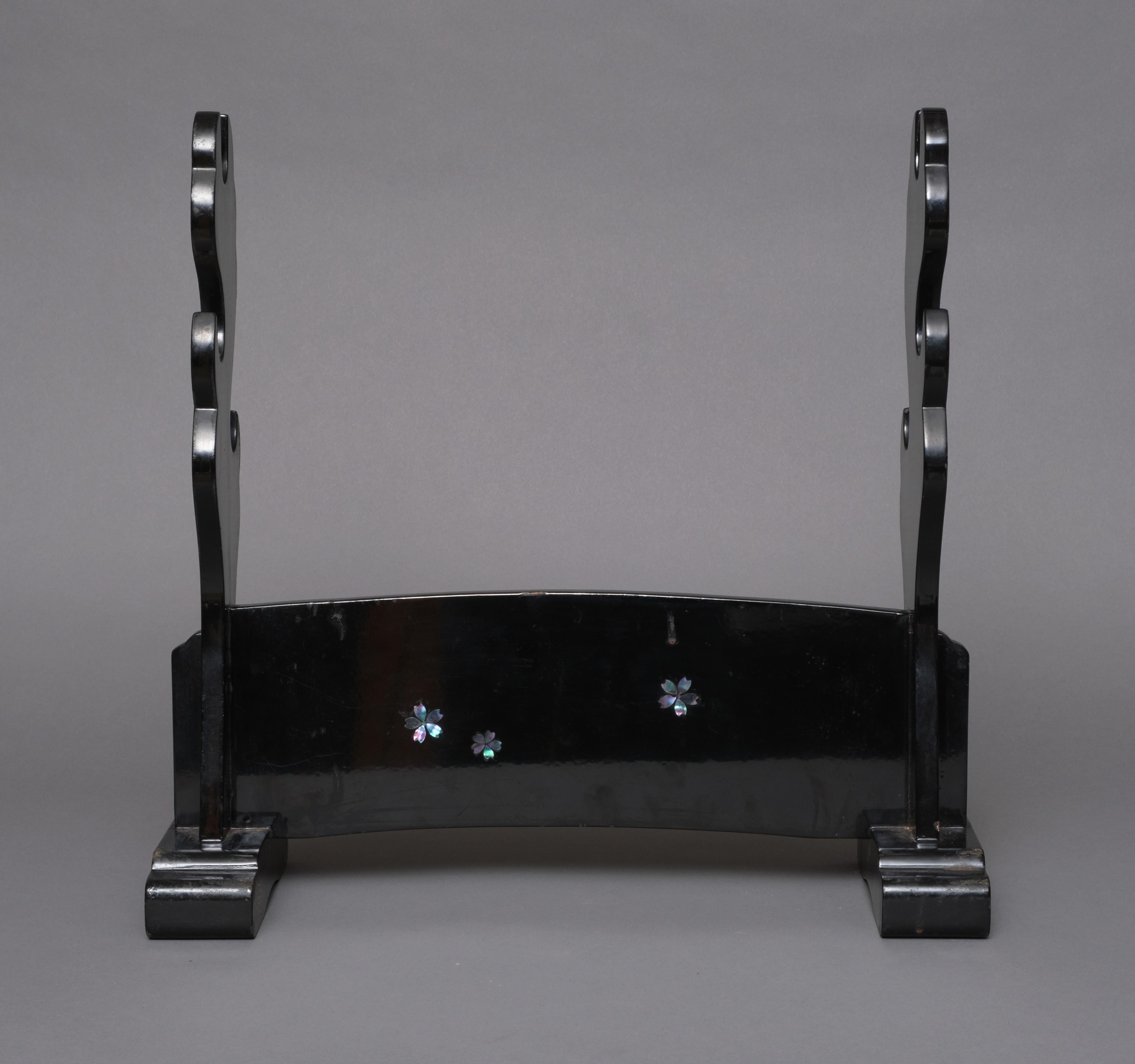 Mother-of-Pearl Japanese black lacquered sword stand 刀掛け (katana’kake) with raden inlay For Sale