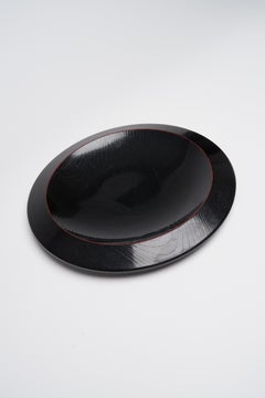 Japanese Black Lacquered Wooden Concave Plate Handmade with Red rim Signed