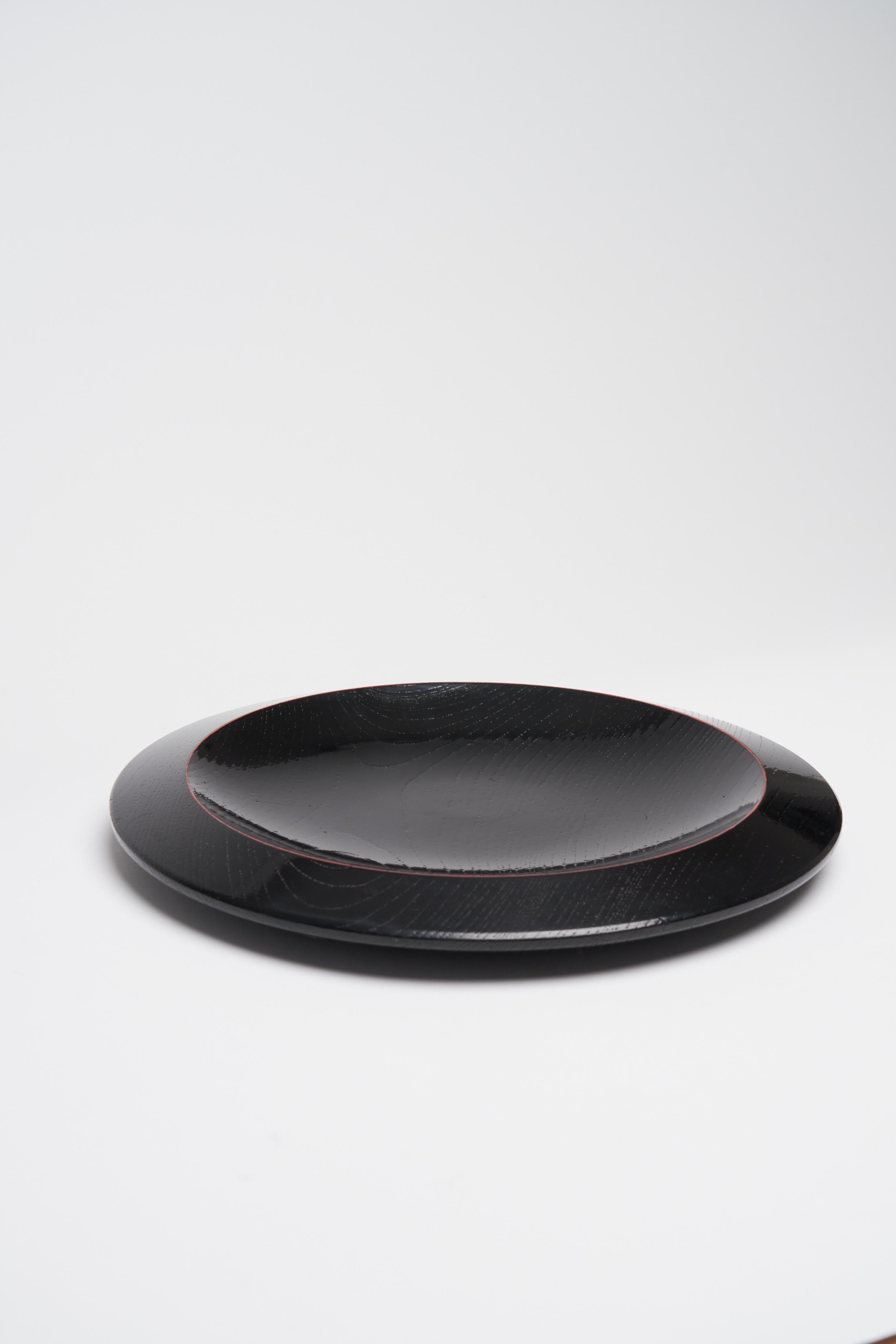 Hand-Carved Japanese Black Lacquered Wooden Concave Plate Handmade with Red rim Signed