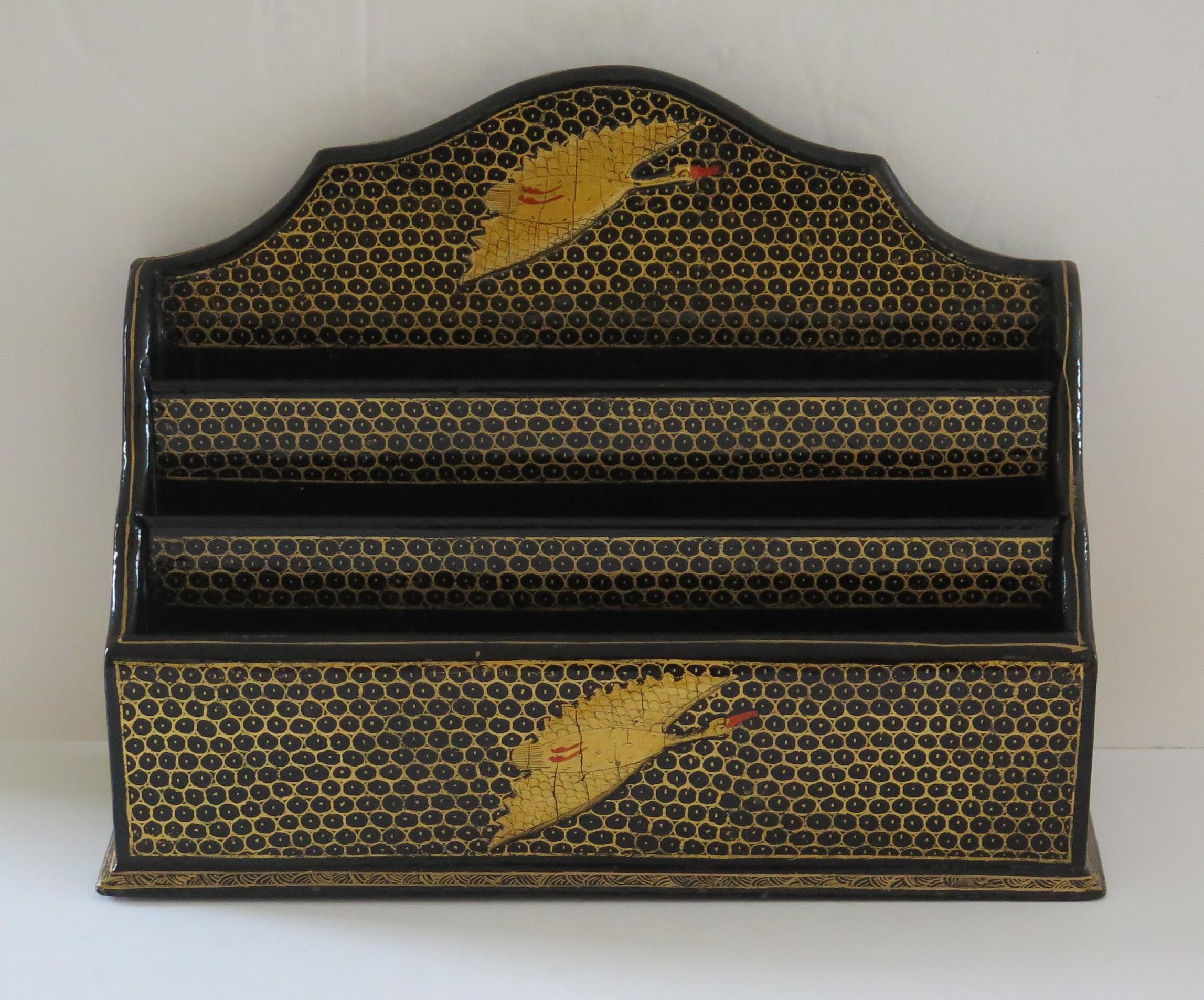 This is a very good black lacquered Letter Rack, hand enameled and gilded, made in Japan during the Taisho period, early 20th Century, Circa 1920.

The letter rack has three vertical compartments. 

This is a very distinctive piece, beautifully