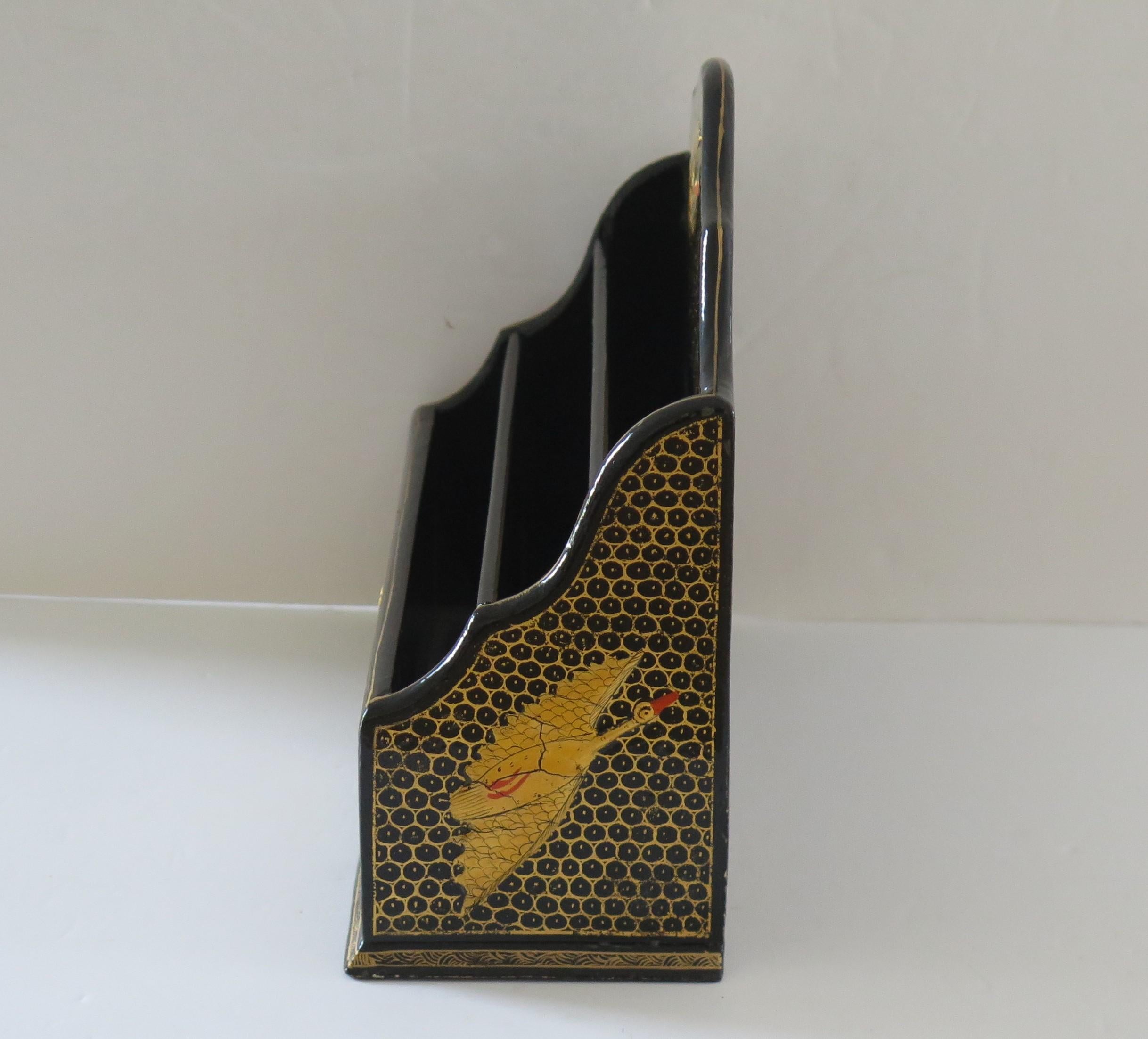 20th Century Japanese Black Laquered Letter Rack Gilded and Decorated with Cranes, Circa 1920