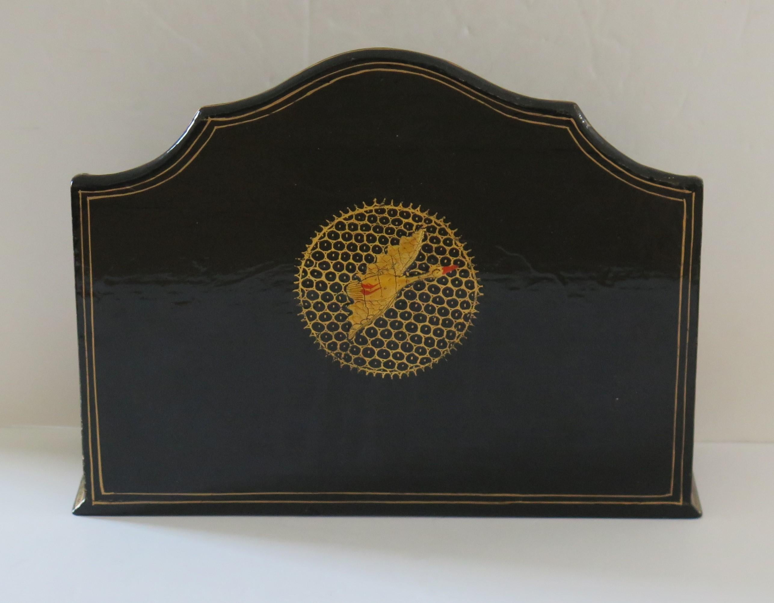 Paper Japanese Black Laquered Letter Rack Gilded and Decorated with Cranes, Circa 1920