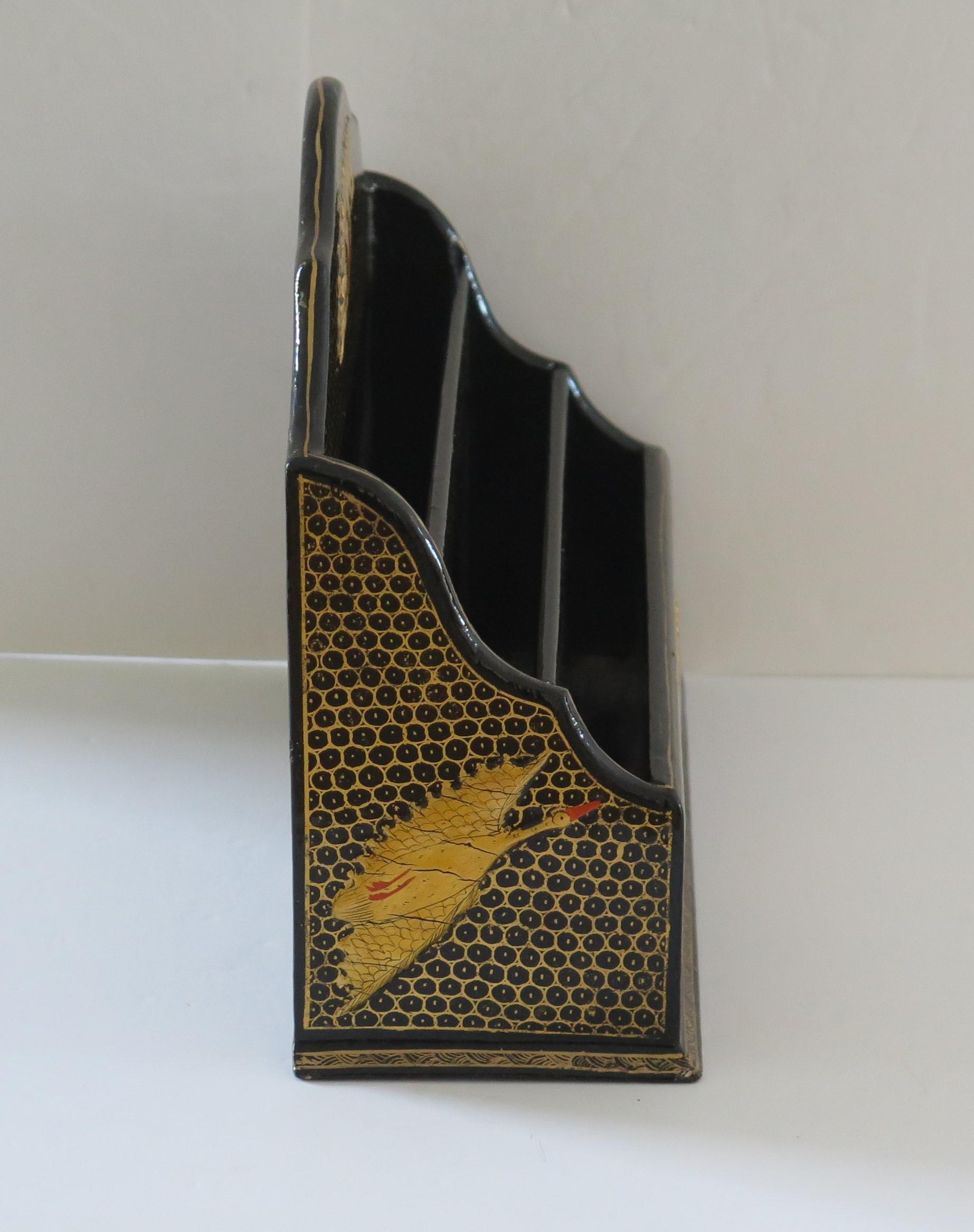 Japanese Black Laquered Letter Rack Gilded and Decorated with Cranes, Circa 1920 1
