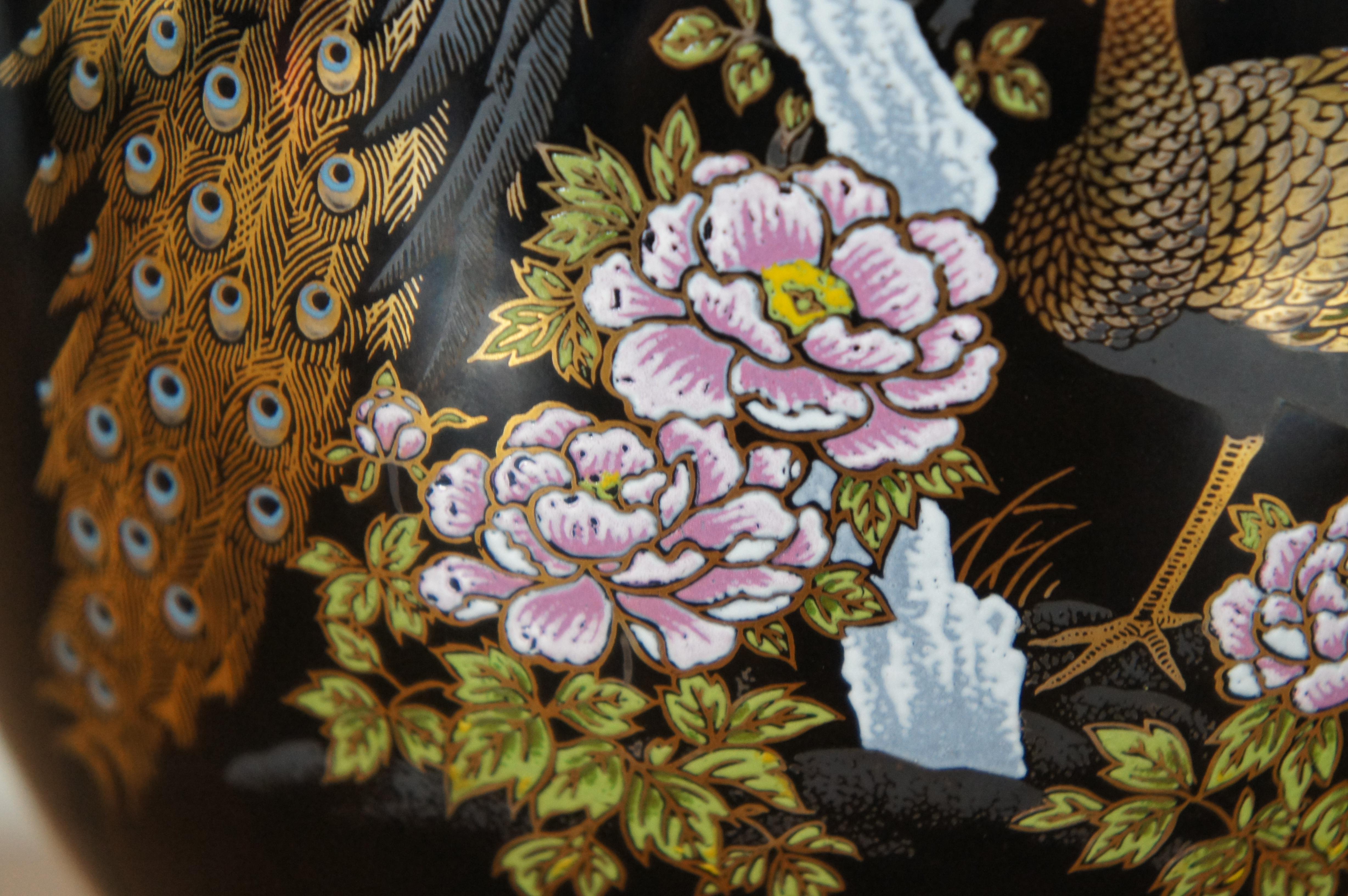 Japanese Black Porcelain Satsuma Cherry Blossom Tree Peacock Vase Urn 7