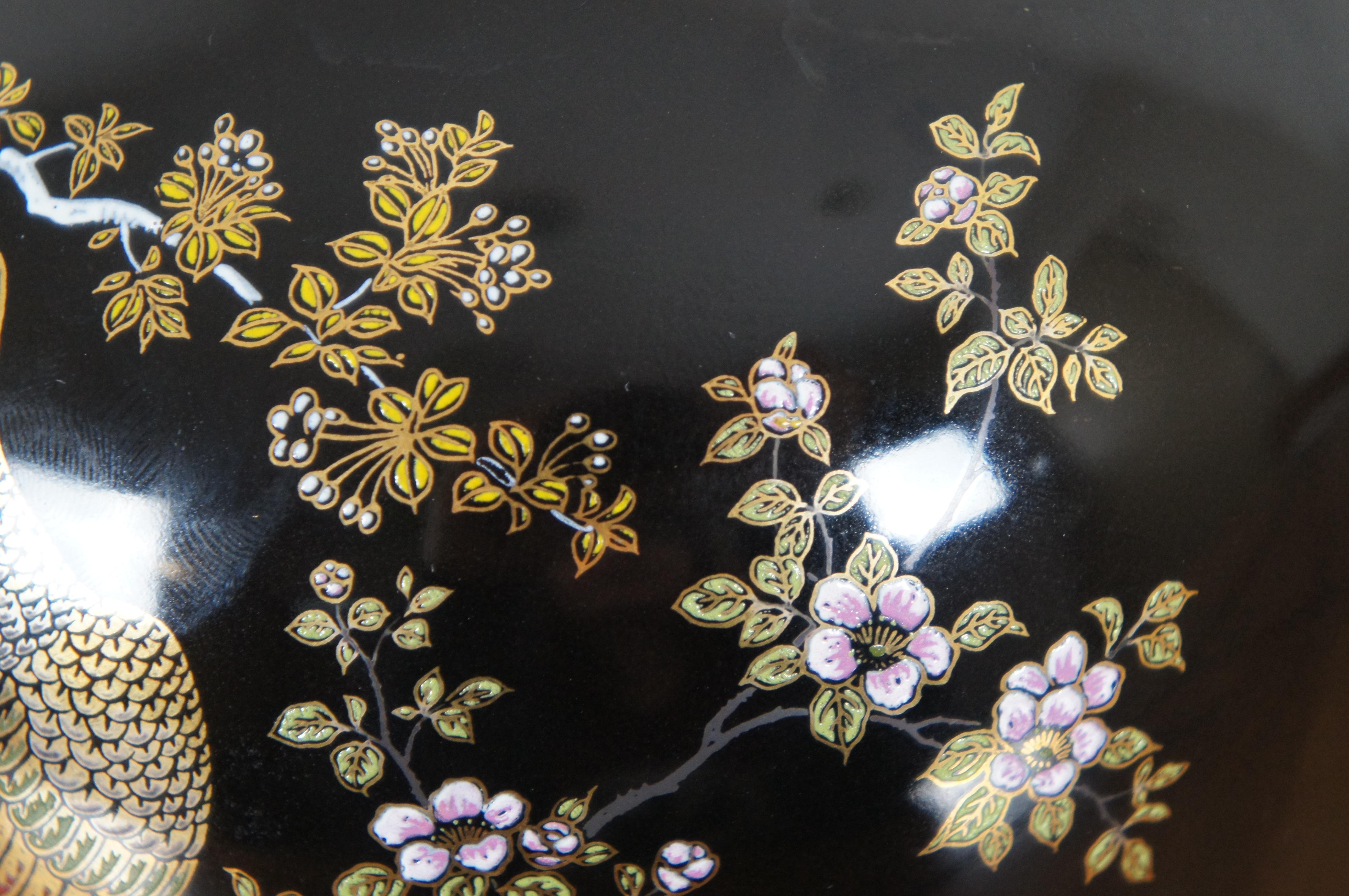 Japanese Black Porcelain Satsuma Cherry Blossom Tree Peacock Vase Urn 7