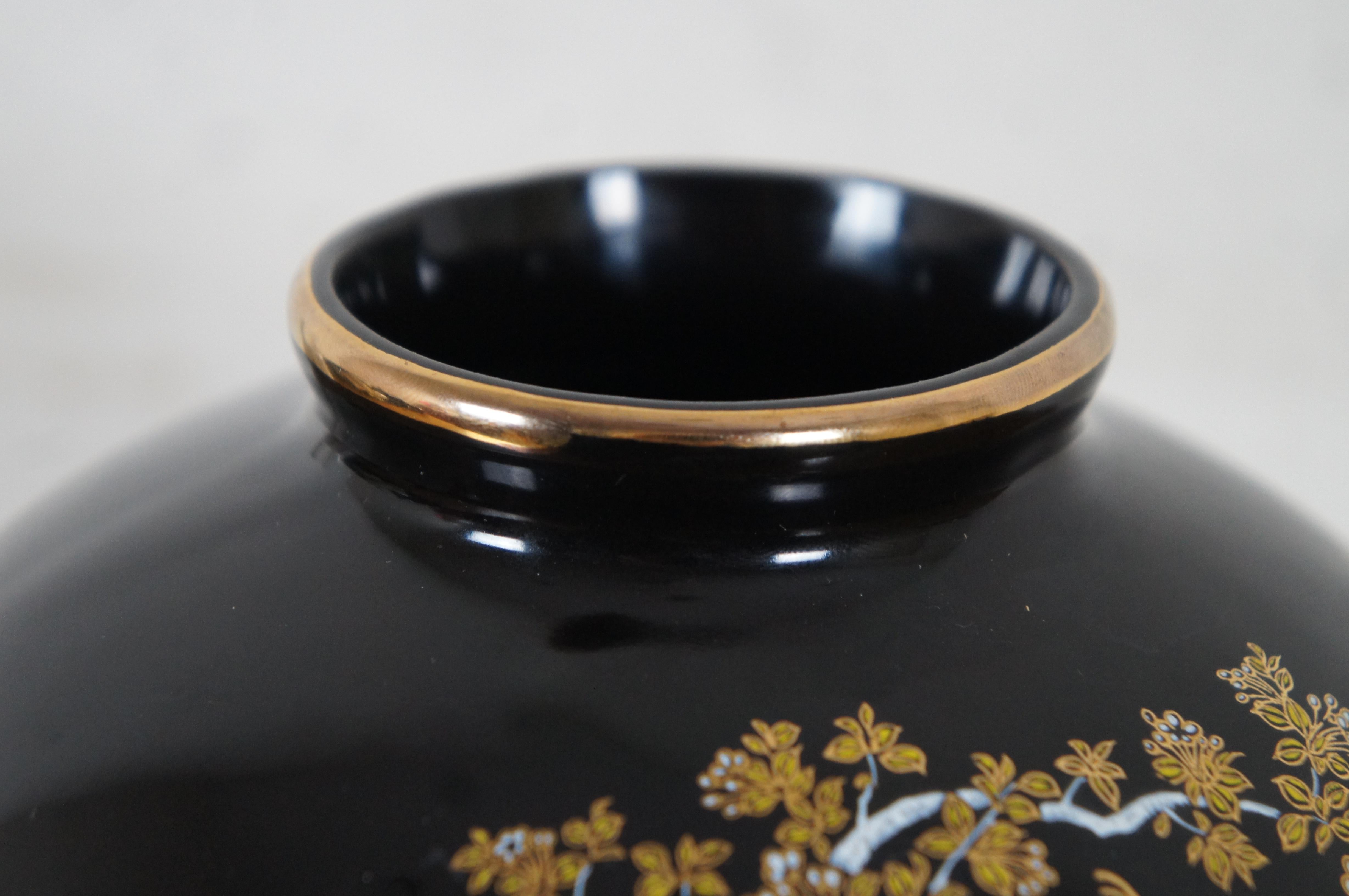 Japanese Black Porcelain Satsuma Cherry Blossom Tree Peacock Vase Urn 7