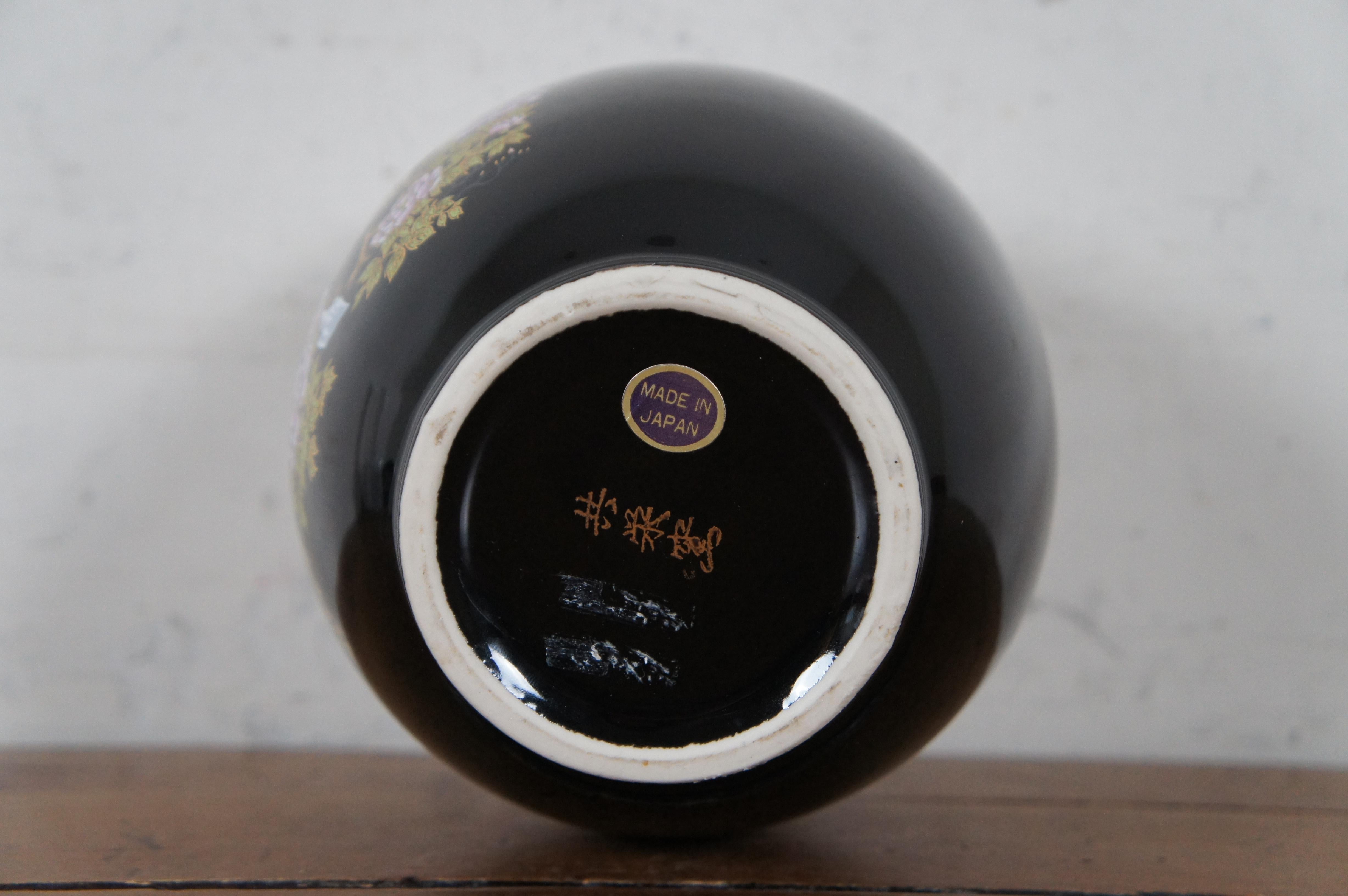 Japonisme Japanese Black Porcelain Satsuma Cherry Blossom Tree Peacock Vase Urn 7