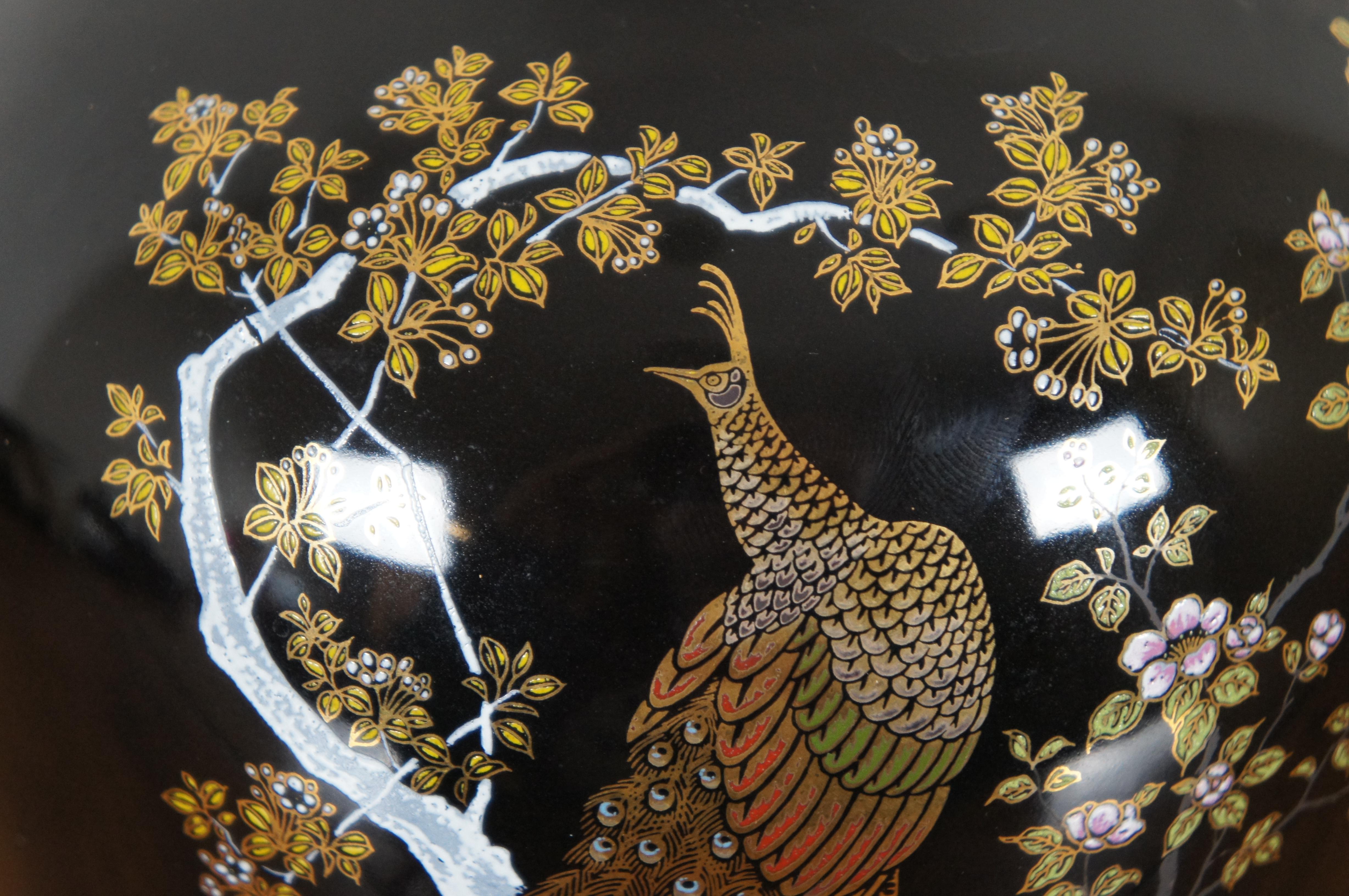 20th Century Japanese Black Porcelain Satsuma Cherry Blossom Tree Peacock Vase Urn 7
