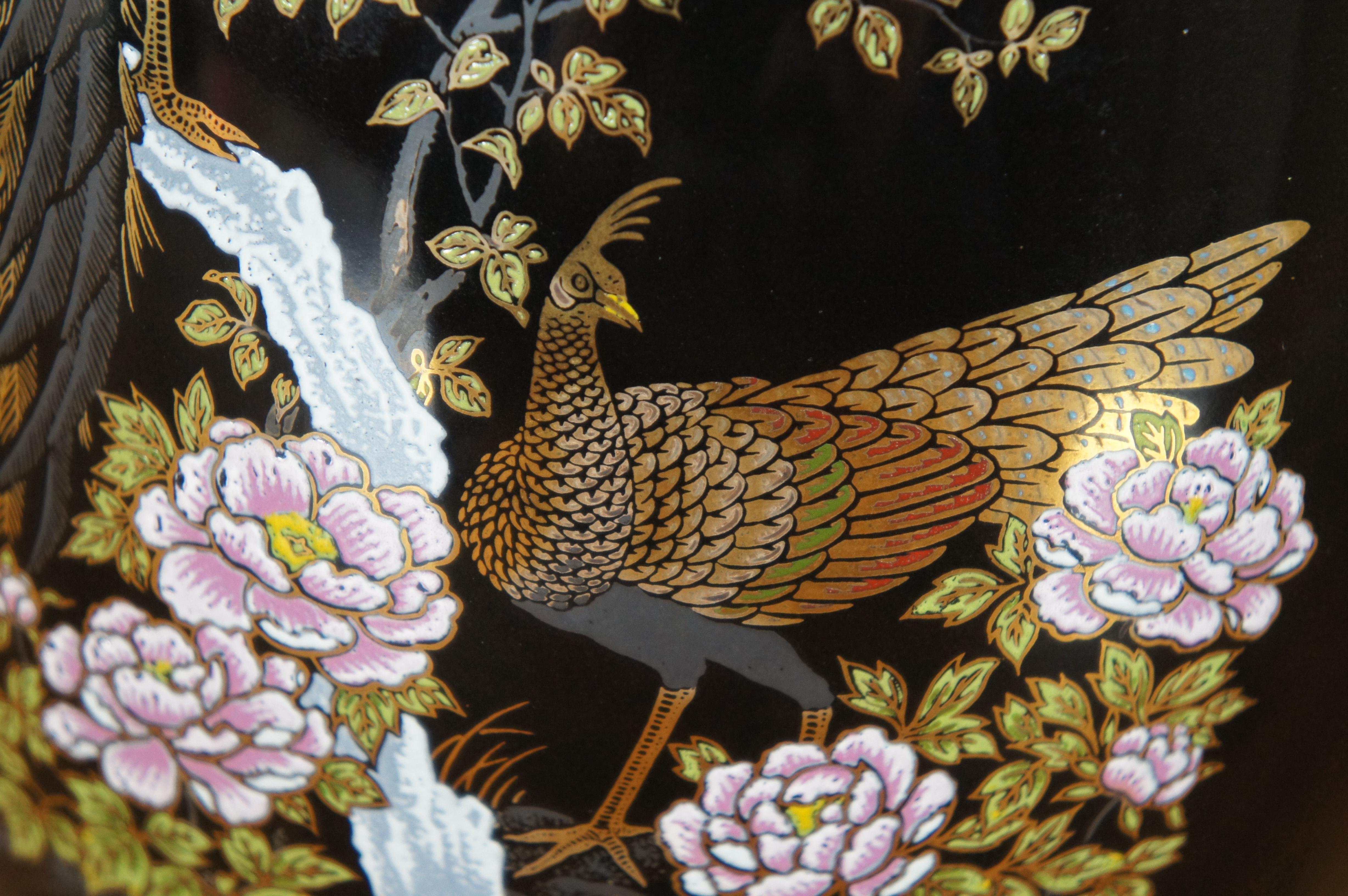 Japanese Black Porcelain Satsuma Cherry Blossom Tree Peacock Vase Urn 7