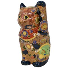 Japanese Black Red Hand Painted Porcelain Beckoning Cat