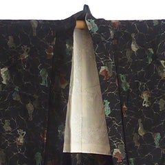 Japanese Black Silk Brocade Antique Haori Kimono Jacket lined in Sakura Jacquard