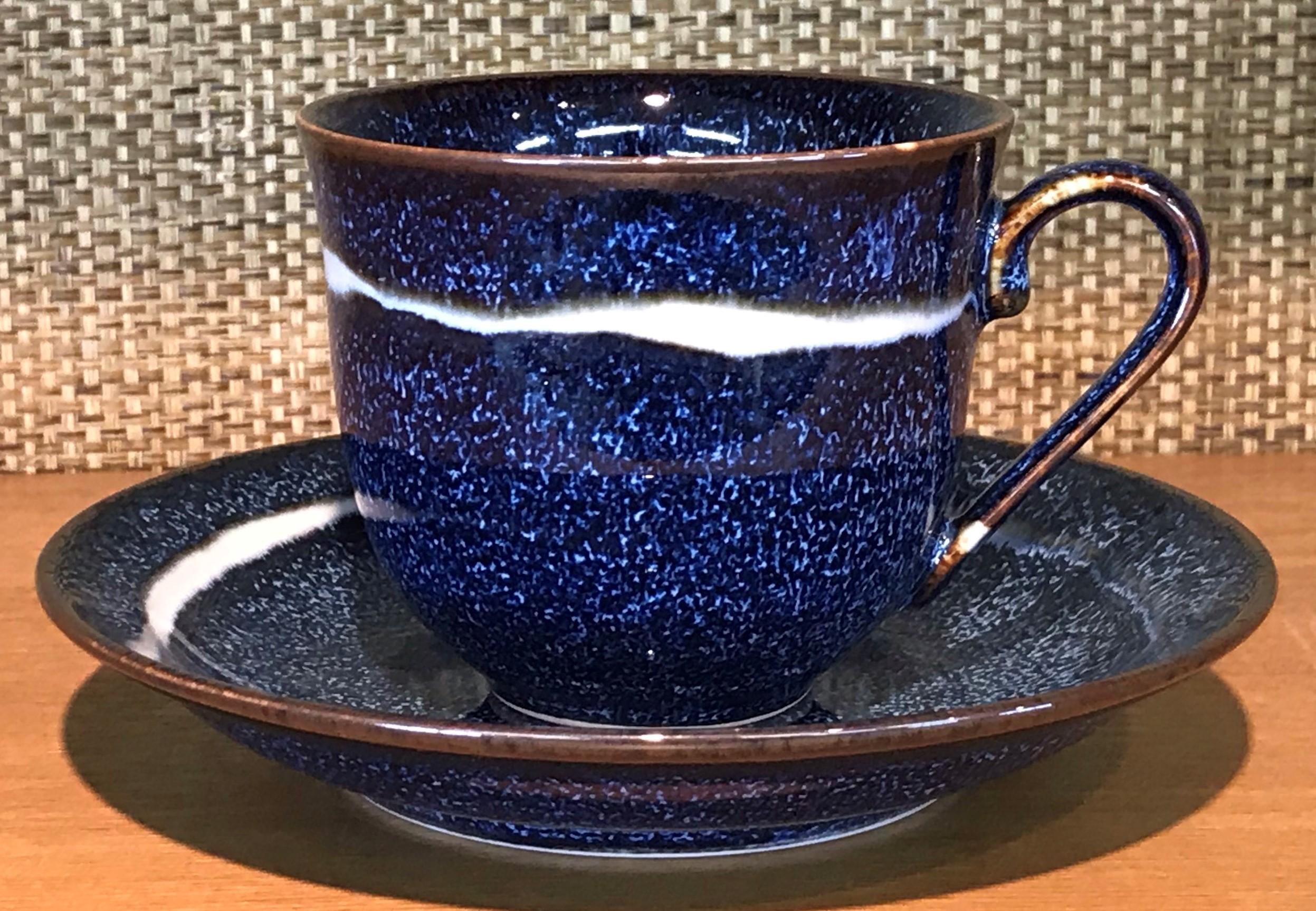 Japanese Black Silver Hand-Glazed Porcelain Cup and Saucer, Master Artist  1