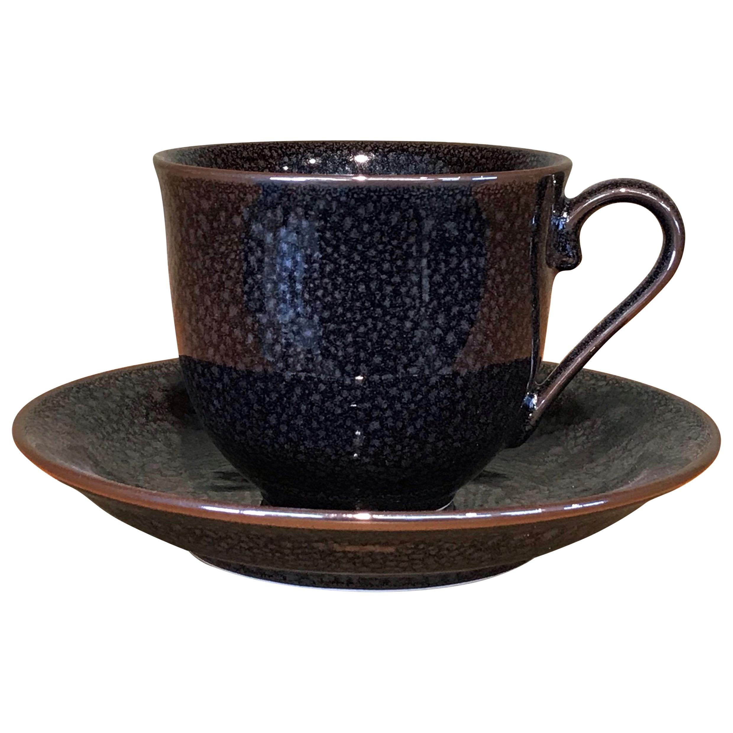 Japanese Black Silver Hand-Glazed Porcelain Cup and Saucer, Master Artist 