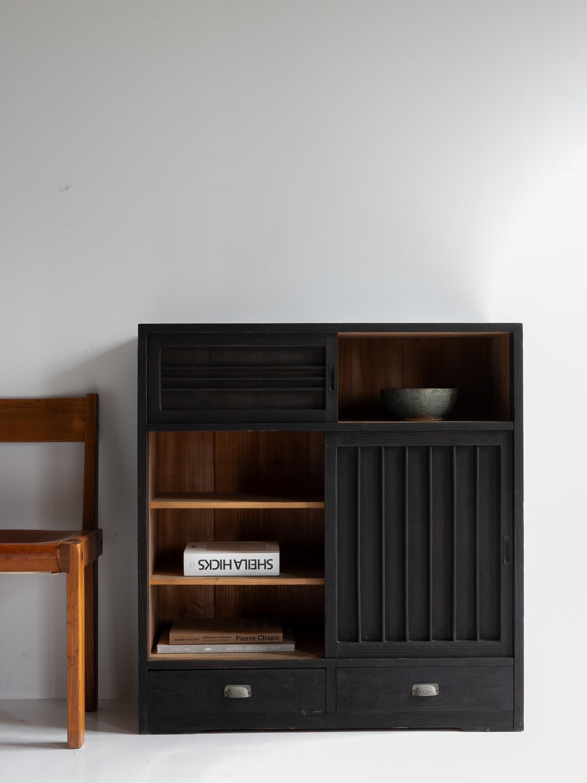 Woodwork Japanese Black Tansu 1920-1940 / Showa Period / Cabinet Sideboard Wabi sabi / For Sale