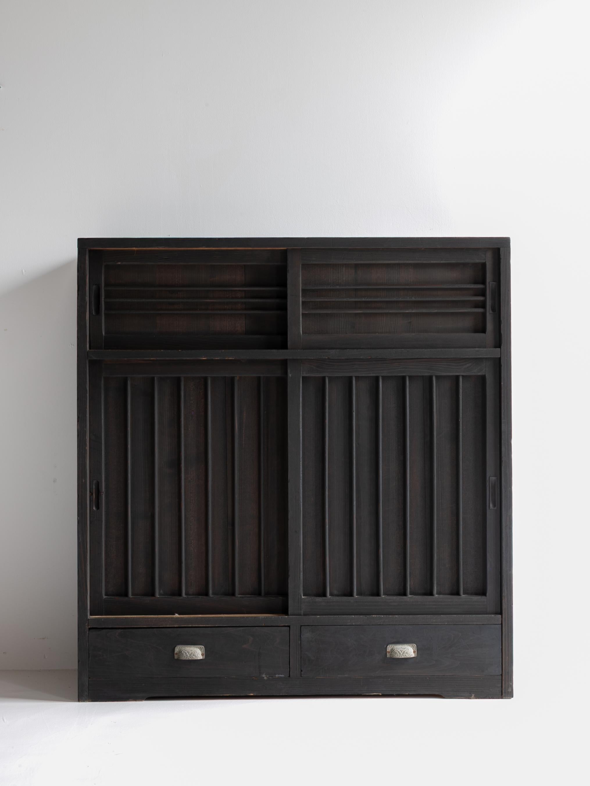 Cedar Japanese Black Tansu 1920-1940 / Showa Period / Cabinet Sideboard Wabi sabi / For Sale