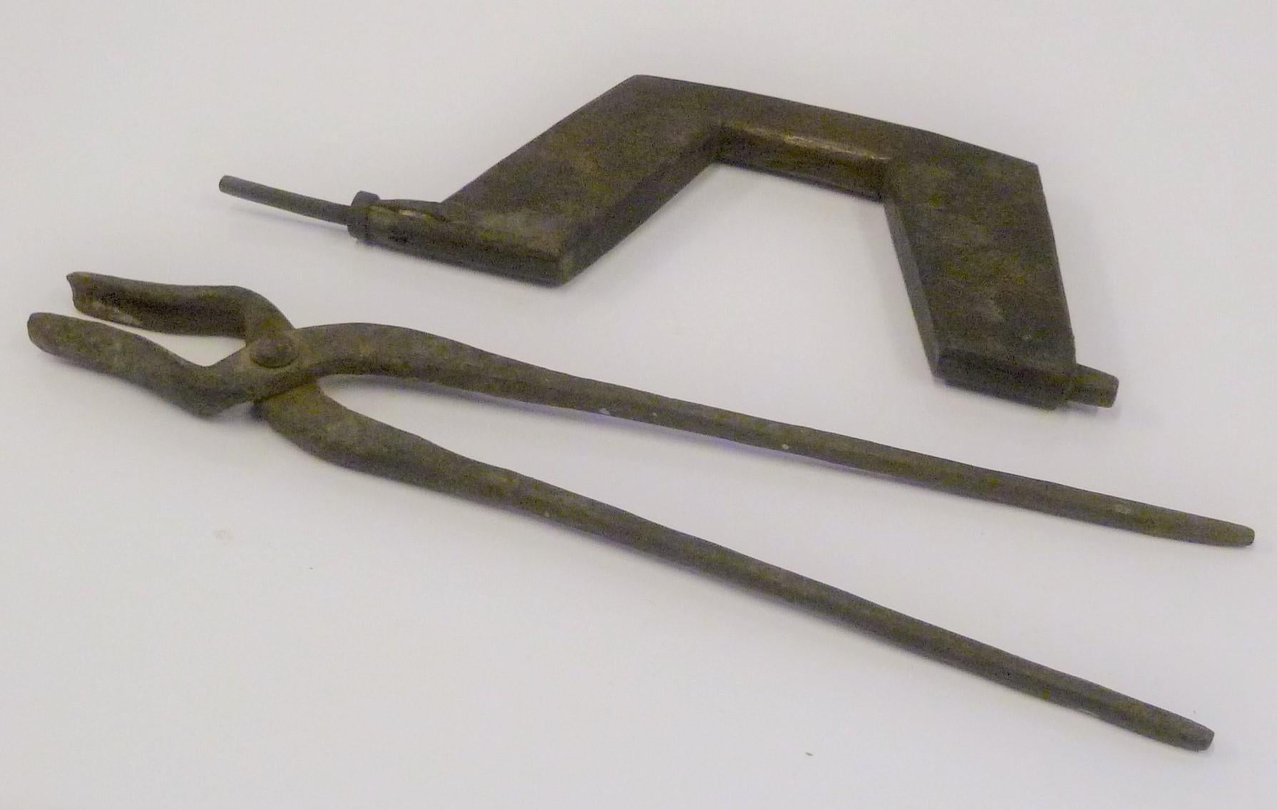 REDUCED FROM $225....Antique Japanese Tools, a Blacksmith Tong Pincer and Woodcarver Brace Drill, both early 20th century. Most likely late Meiji Period. The tong or pincer is sculpturally pleasing to the eye and made out of forged iron in good
