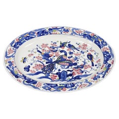 Retro Japanese Blue and White Ceramic Porcelain Bird Scene Oval Platter Dish