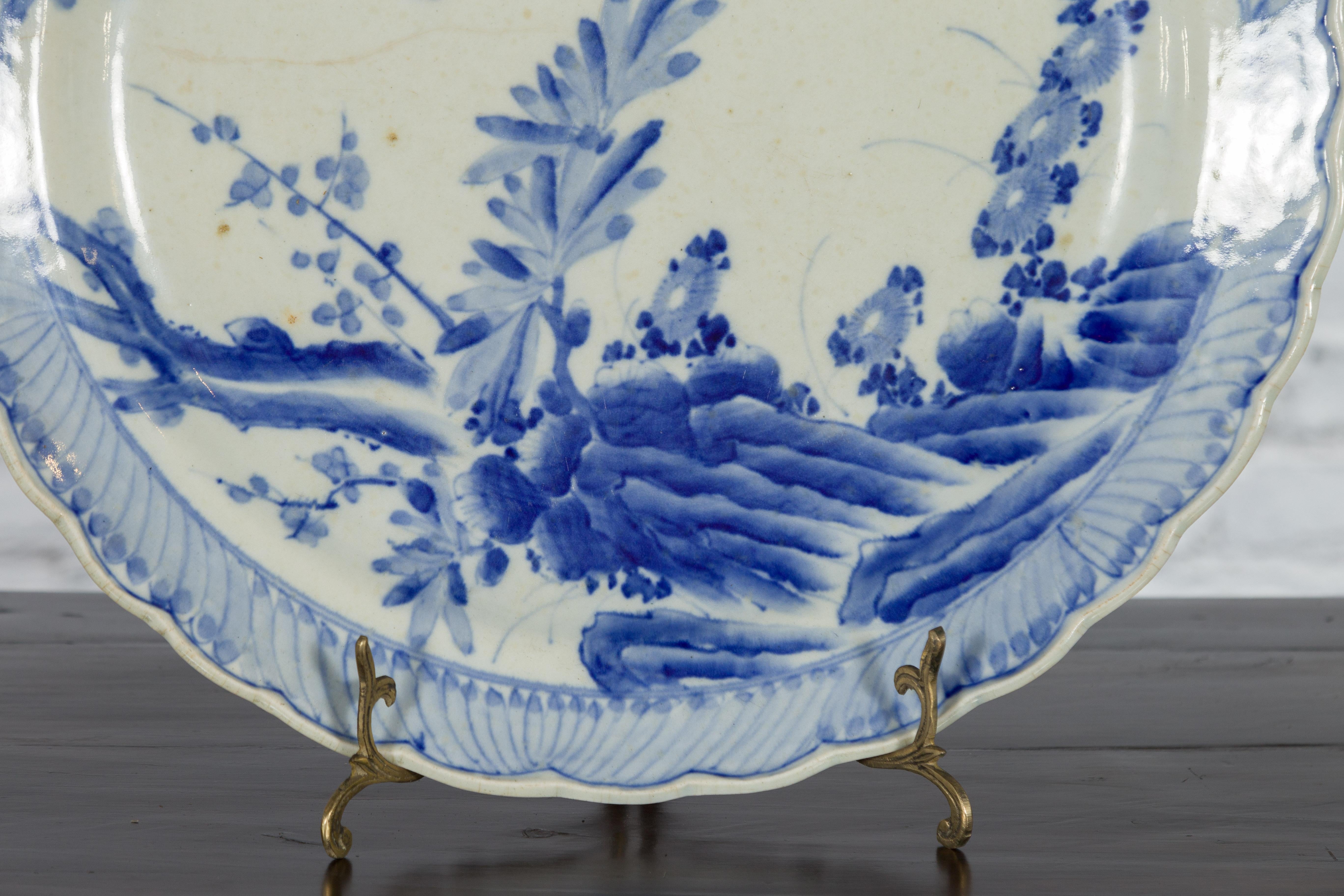 Japanese Blue and White Hand-Painted Porcelain Charger Plate with Foliage Décor For Sale 7