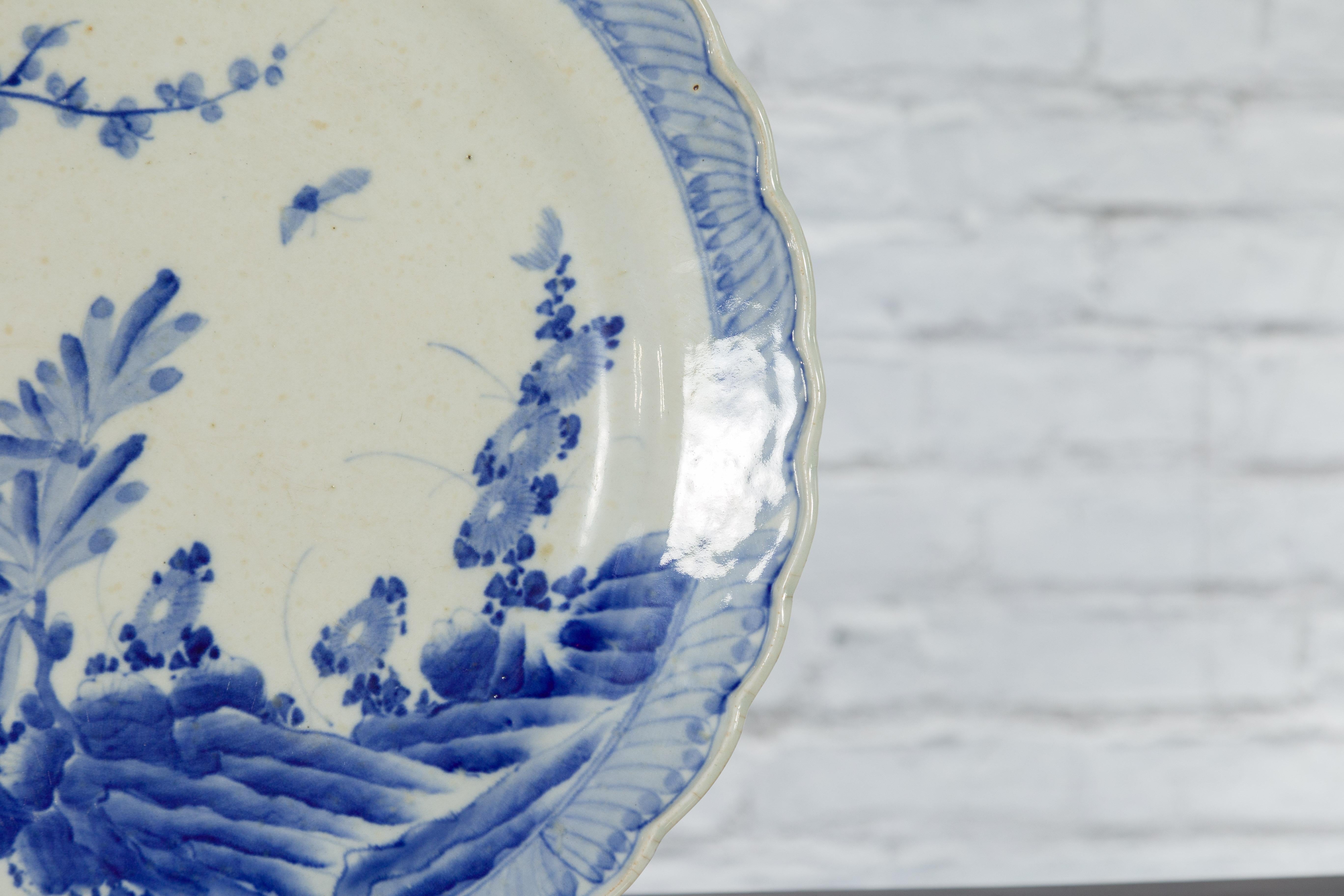 Japanese Blue and White Hand-Painted Porcelain Charger Plate with Foliage Décor For Sale 8