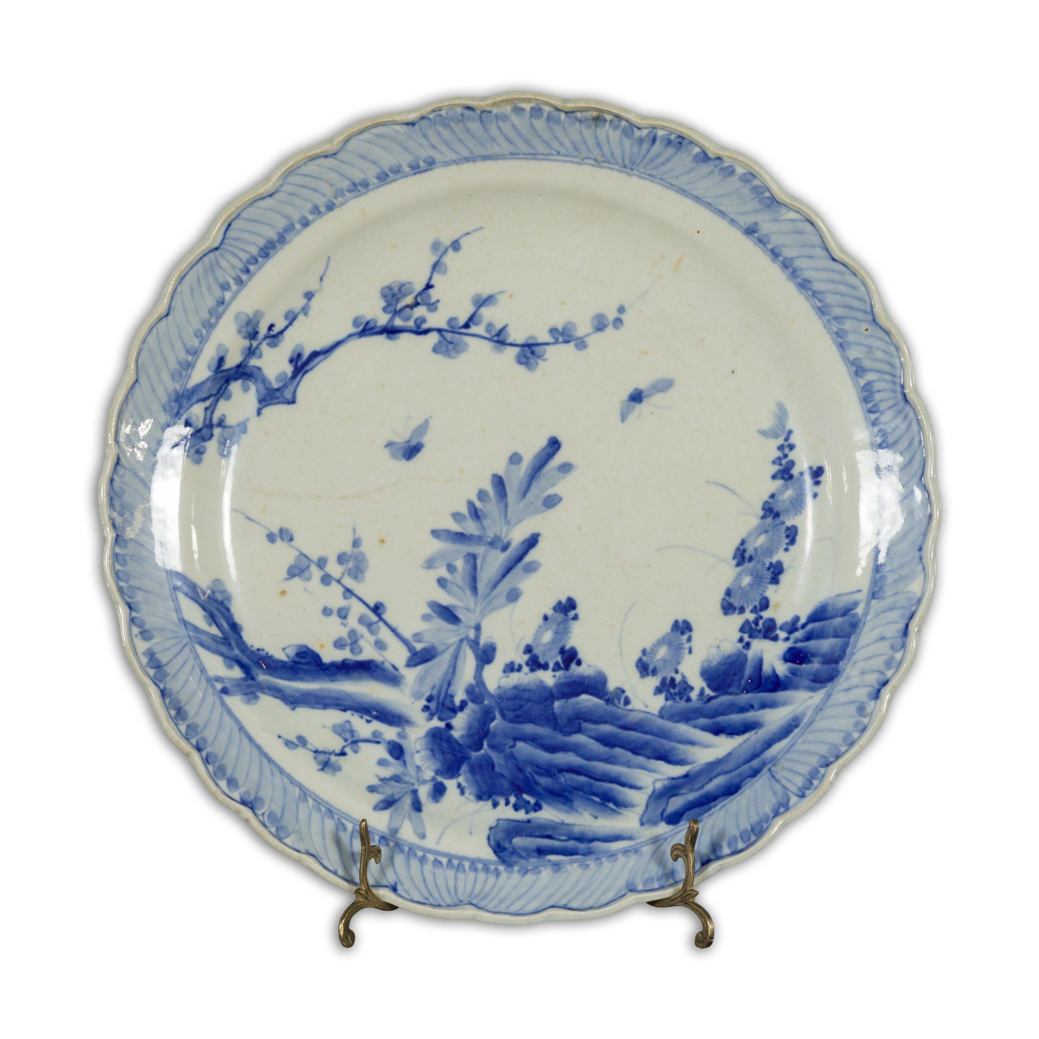 Japanese Blue and White Hand-Painted Porcelain Charger Plate with Foliage Décor For Sale 9