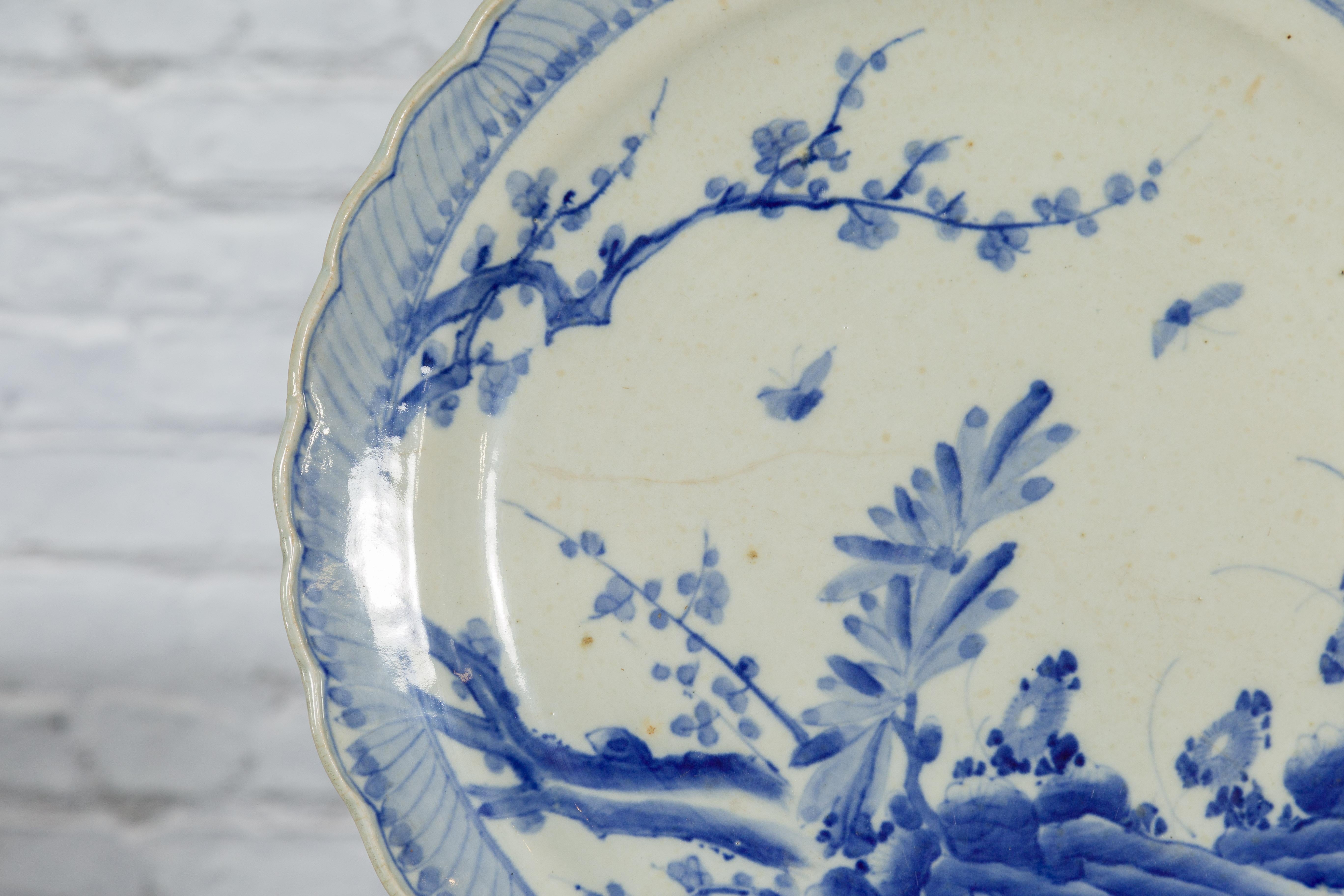 Japanese Blue and White Hand-Painted Porcelain Charger Plate with Foliage Décor For Sale 11