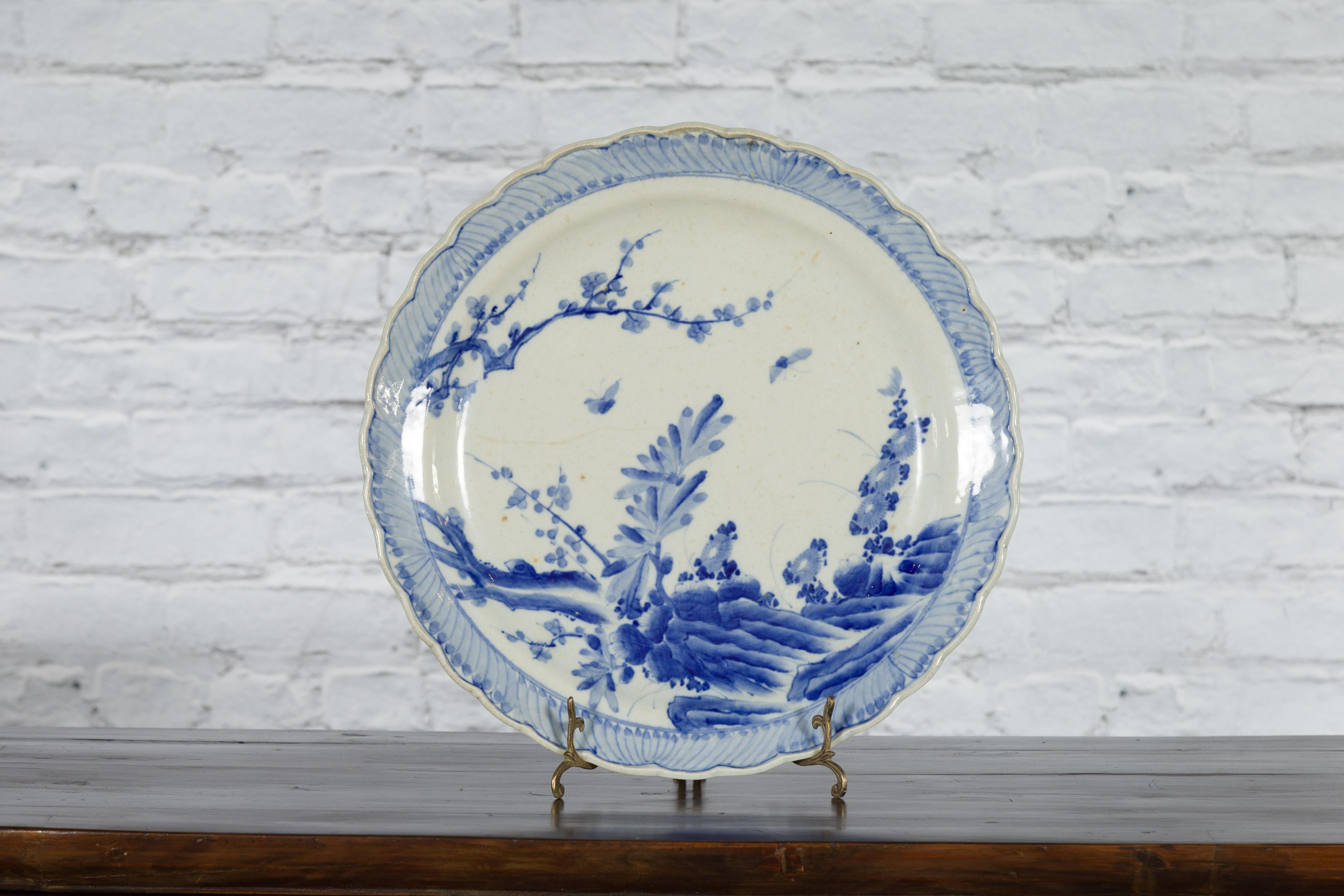 Japanese Blue and White Hand-Painted Porcelain Charger Plate with Foliage Décor For Sale 14
