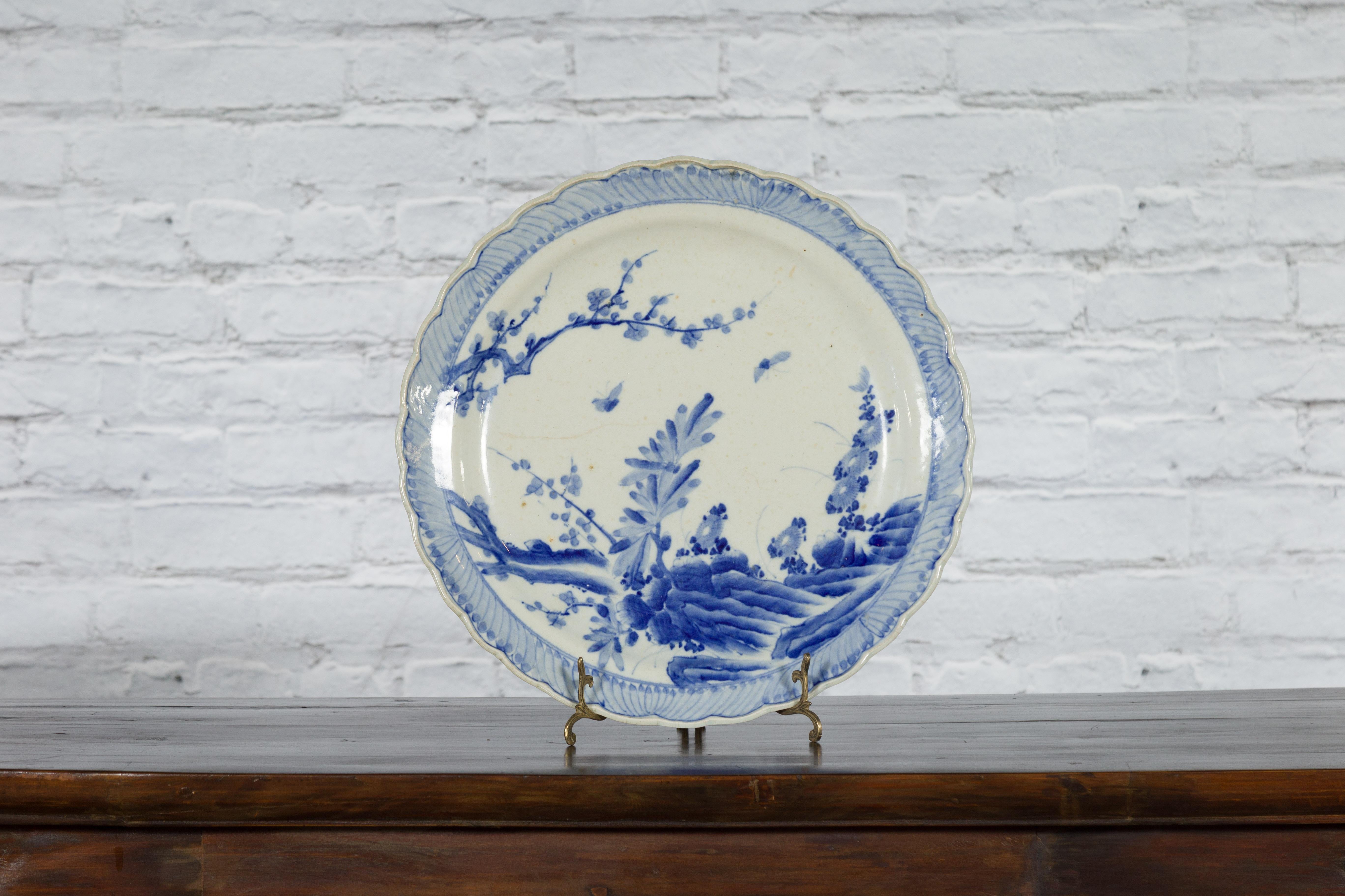 Japanese Blue and White Hand-Painted Porcelain Charger Plate with Foliage Décor For Sale 16