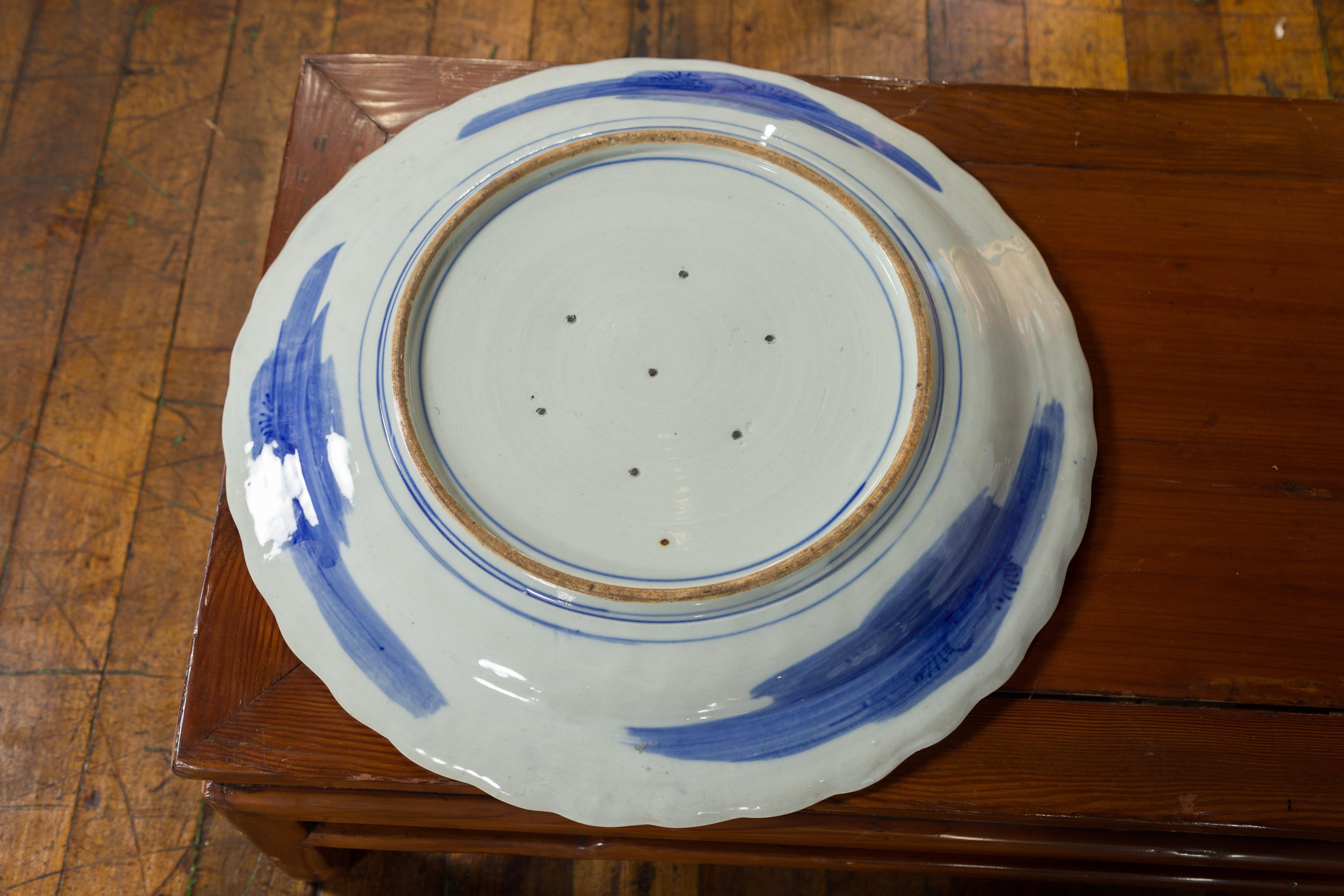 Japanese Blue and White Hand-Painted Porcelain Charger Plate with Foliage Décor For Sale 1