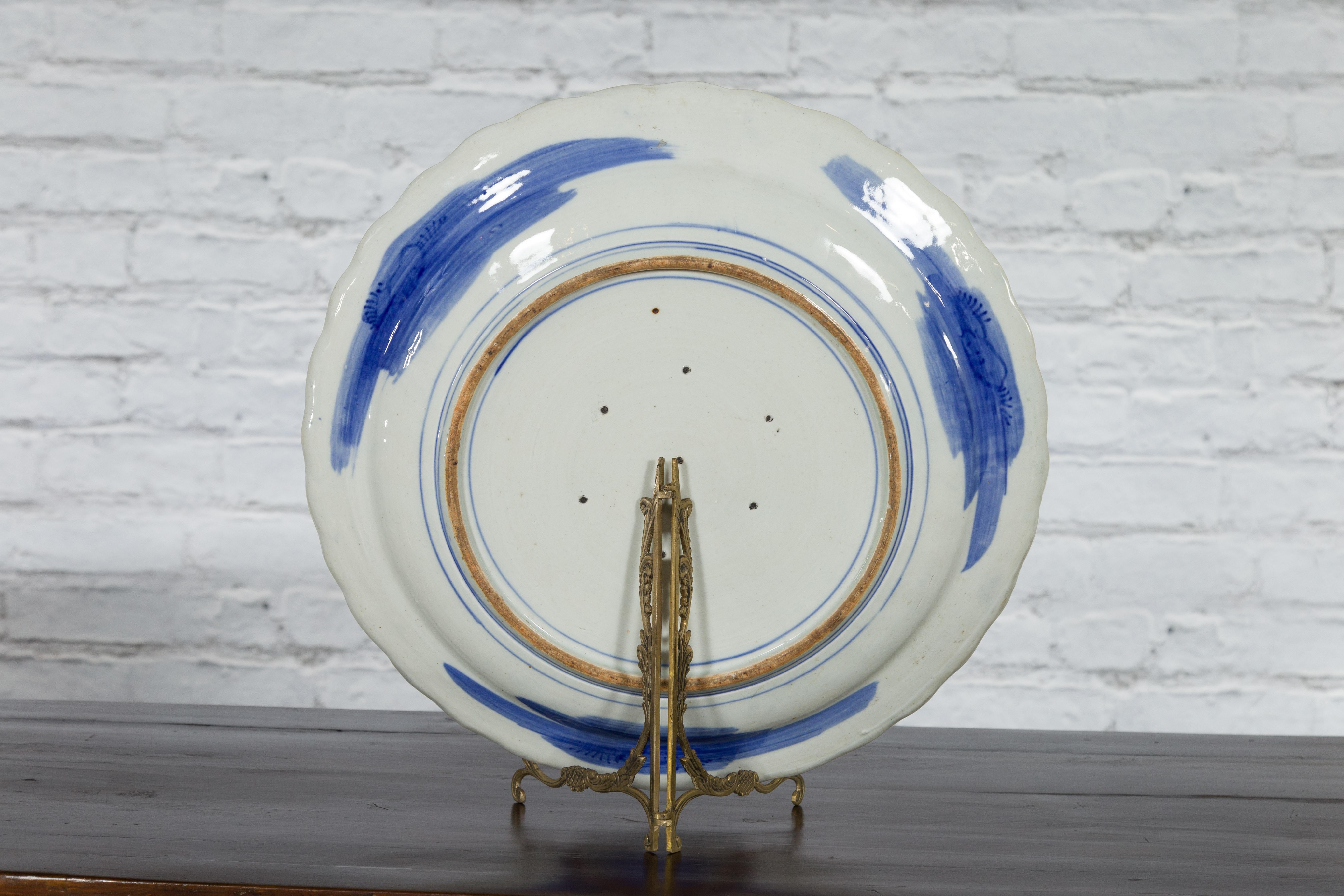 Japanese Blue and White Hand-Painted Porcelain Charger Plate with Foliage Décor For Sale 2