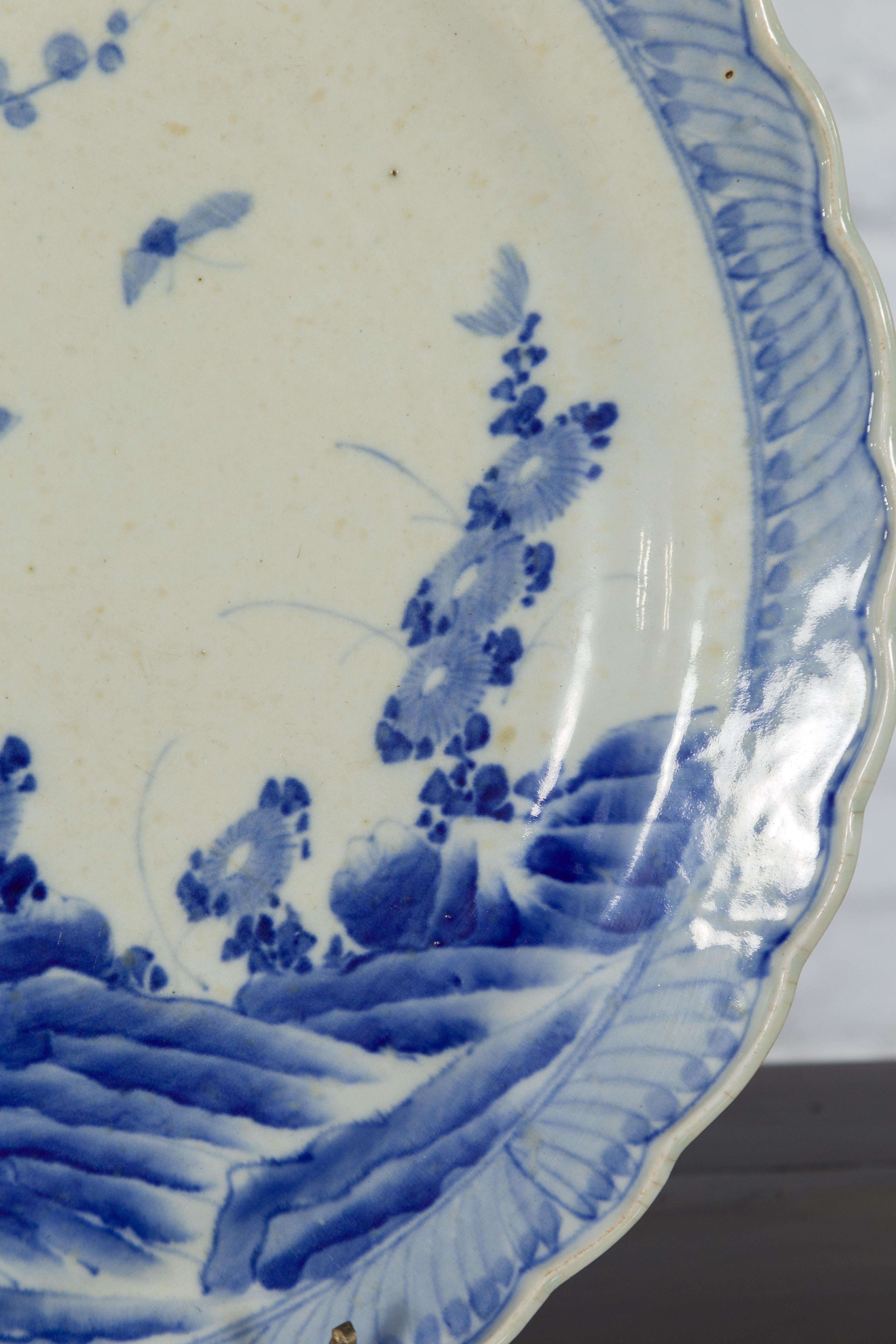 Japanese Blue and White Hand-Painted Porcelain Charger Plate with Foliage Décor For Sale 4