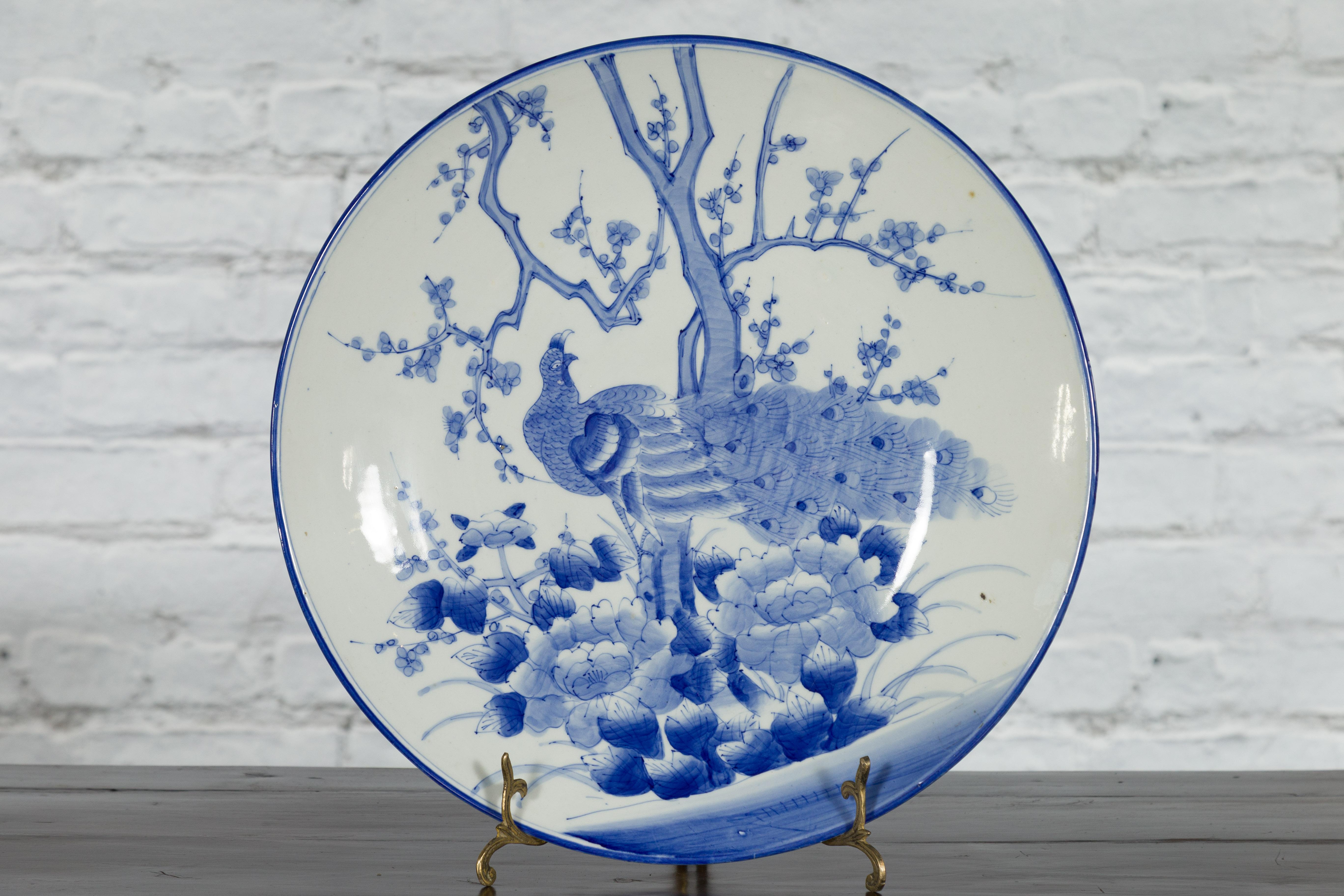 Japanese Blue and White Hand-Painted Porcelain Charger Plate with Peacock Bird For Sale 6