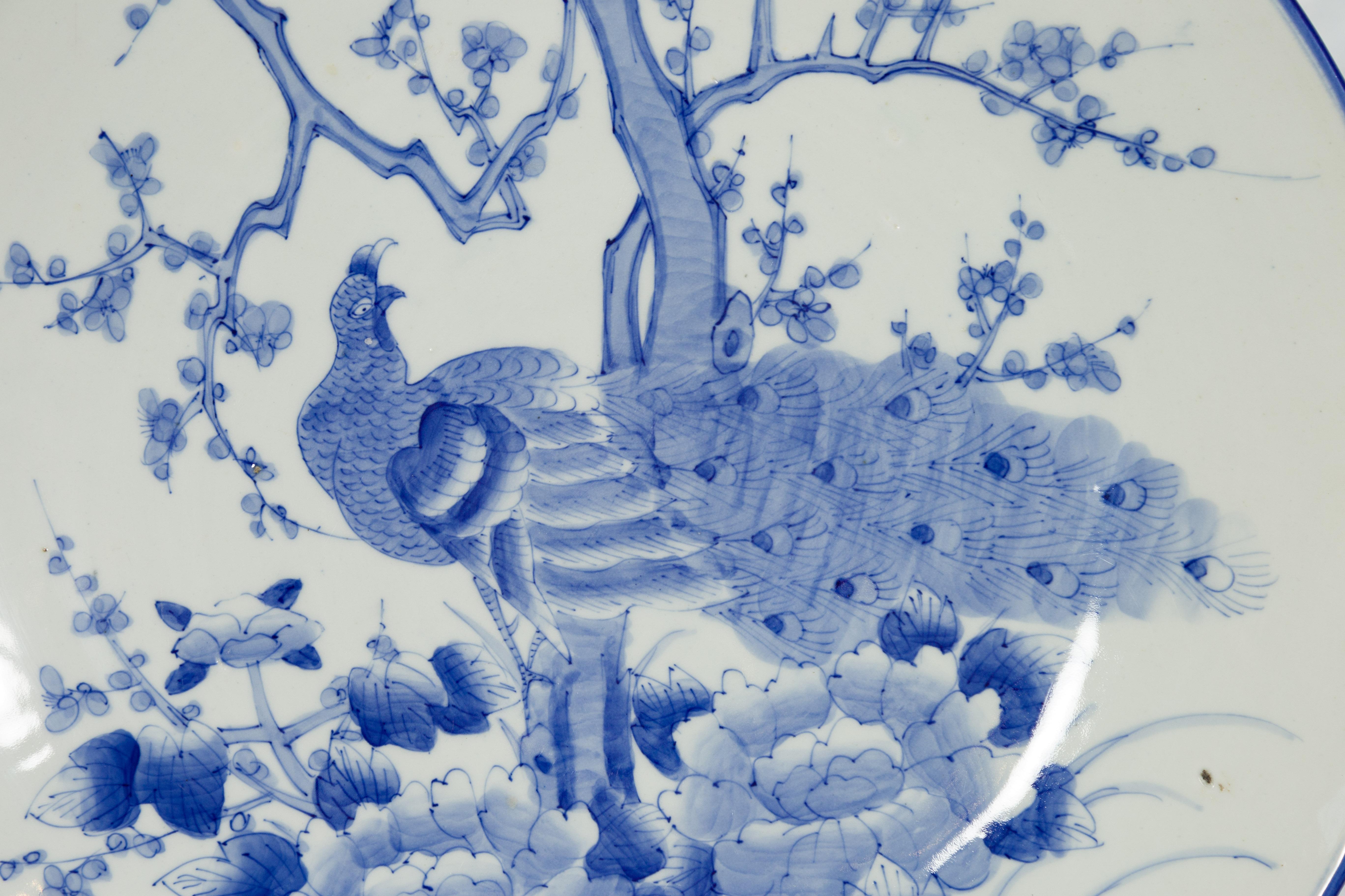 Japanese Blue and White Hand-Painted Porcelain Charger Plate with Peacock Bird For Sale 7