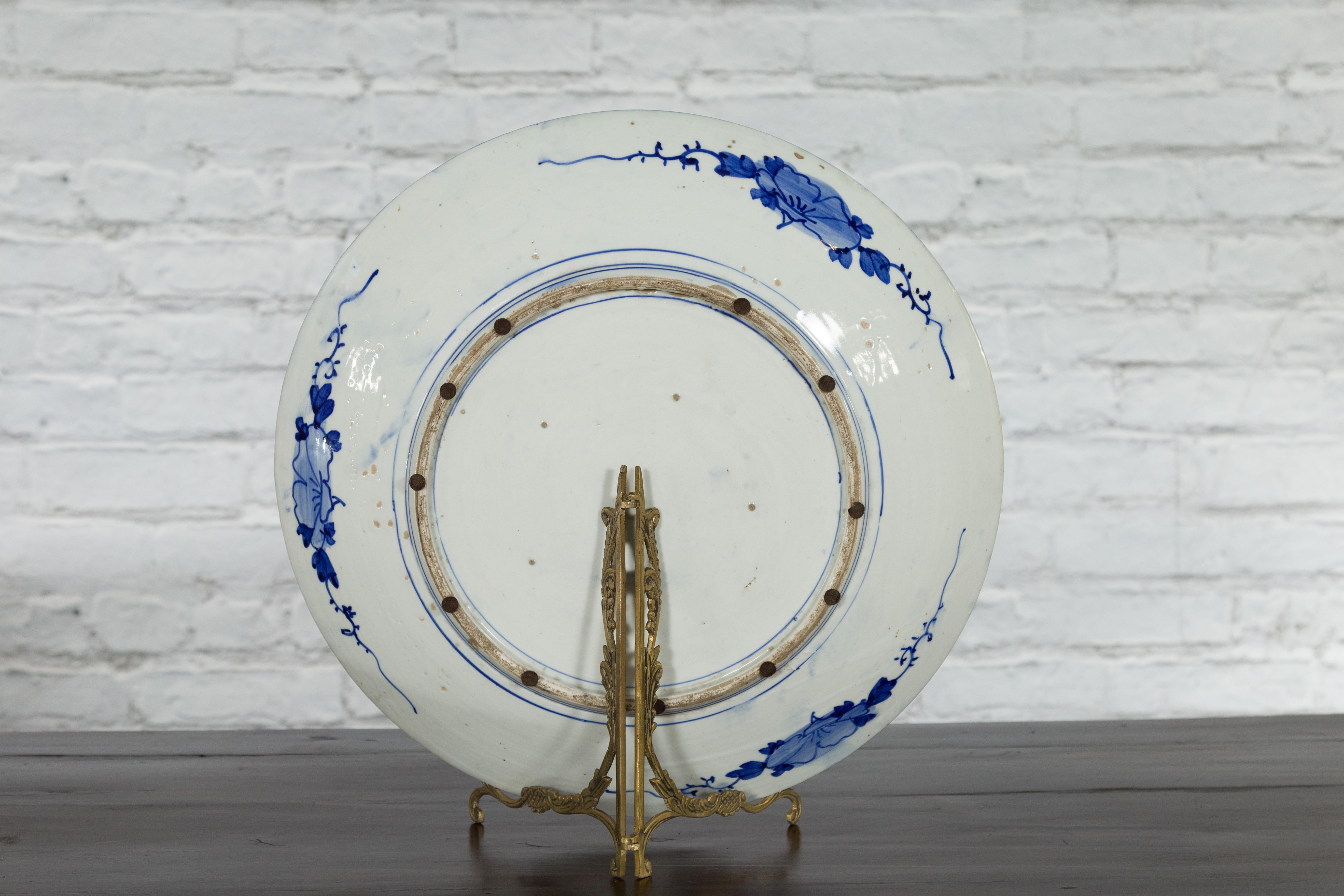Japanese Blue and White Hand-Painted Porcelain Charger Plate with Peacock Bird For Sale 9