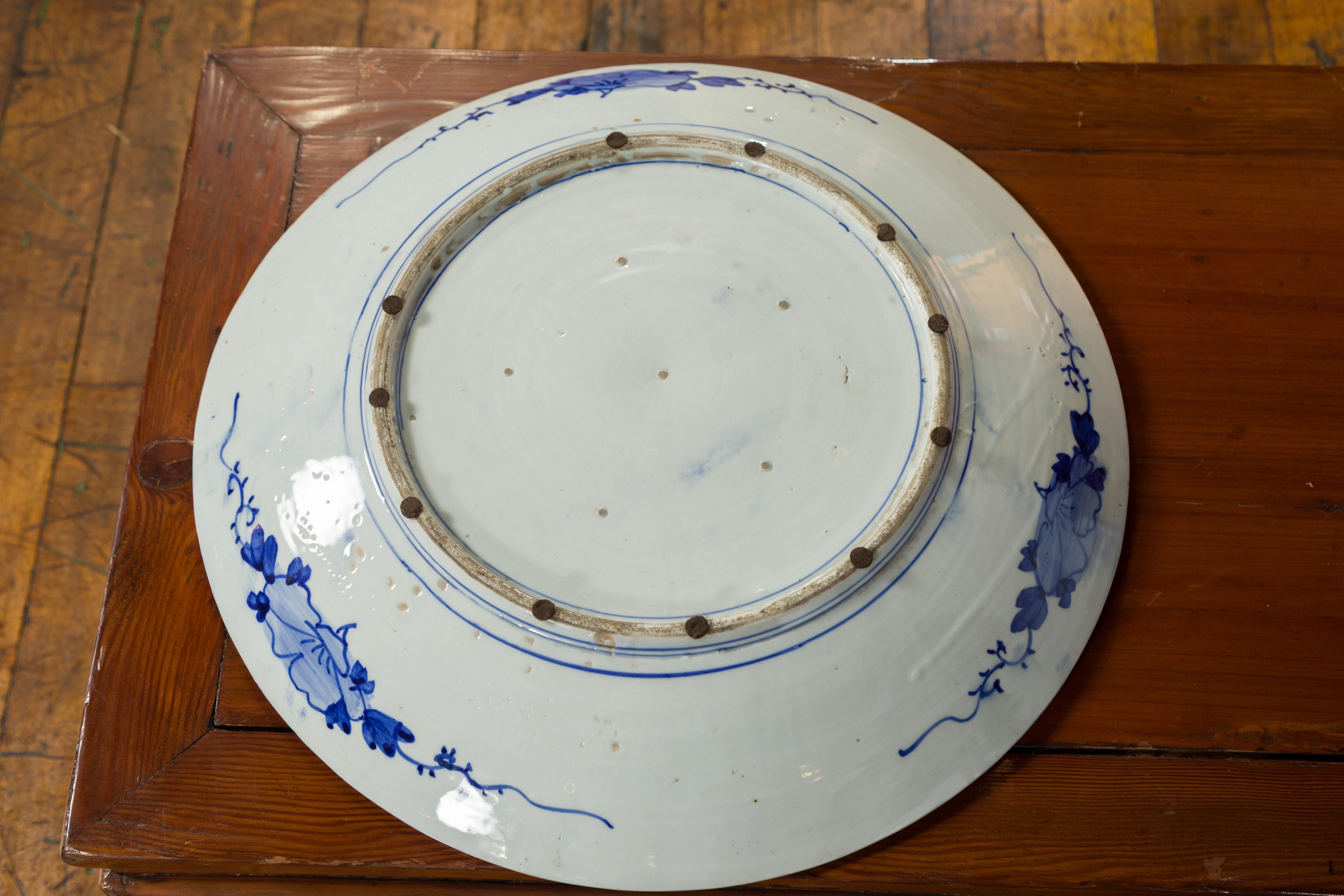 Japanese Blue and White Hand-Painted Porcelain Charger Plate with Peacock Bird For Sale 11