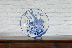 Japanese Blue and White Hand-Painted Porcelain Charger Plate with Peacock Bird