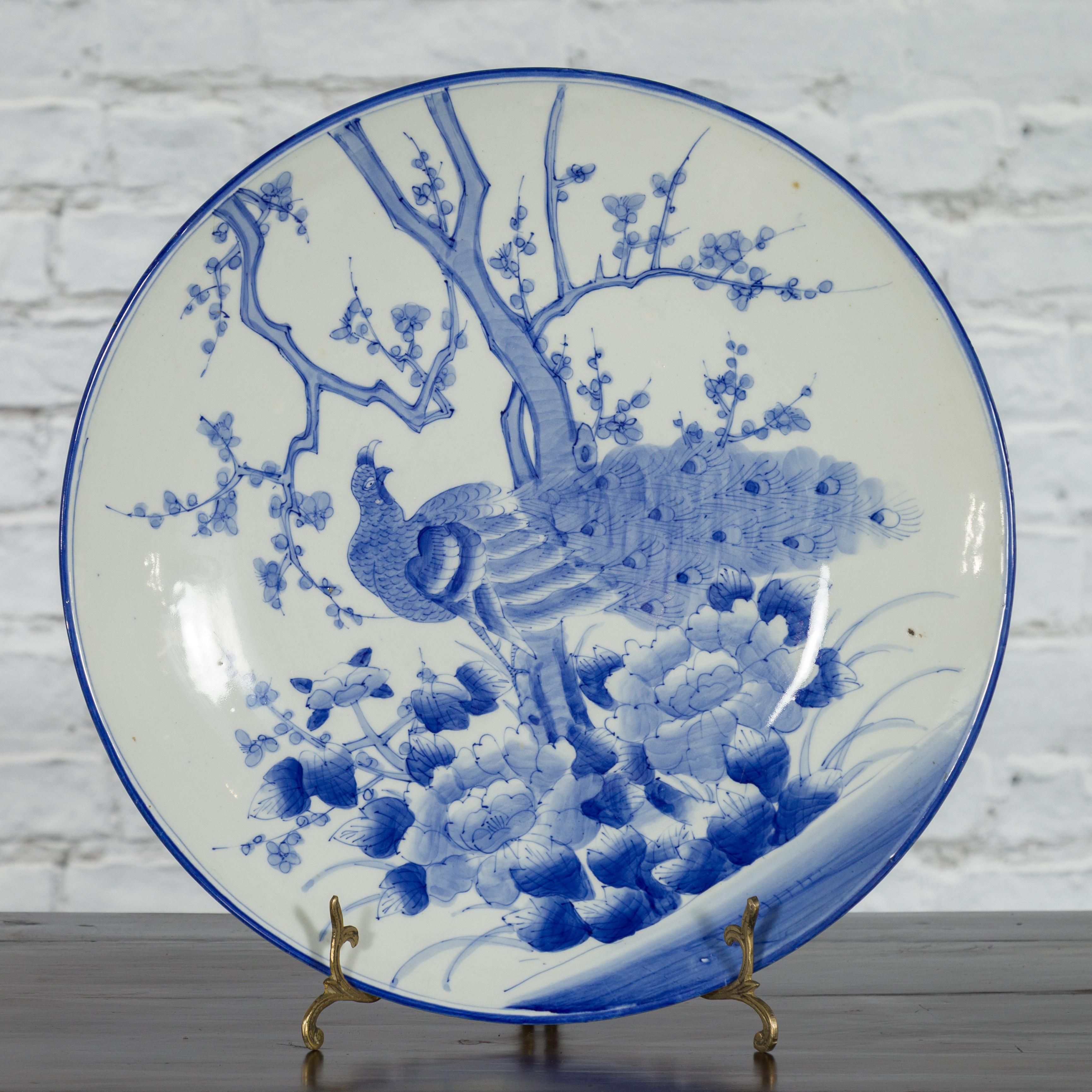 Japanese Blue and White Hand-Painted Porcelain Charger Plate with Peacock Bird For Sale 1