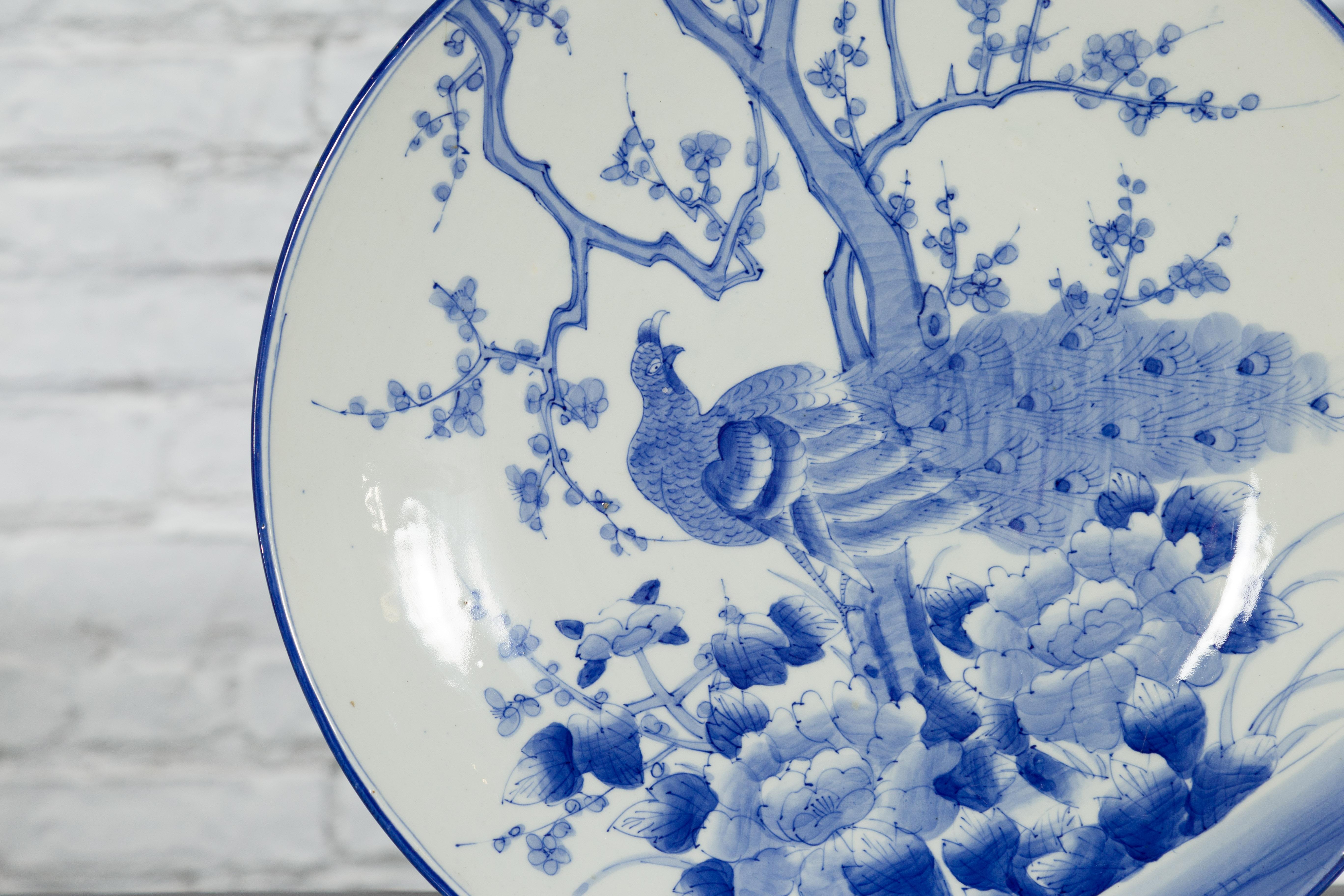 Japanese Blue and White Hand-Painted Porcelain Charger Plate with Peacock Bird For Sale 3